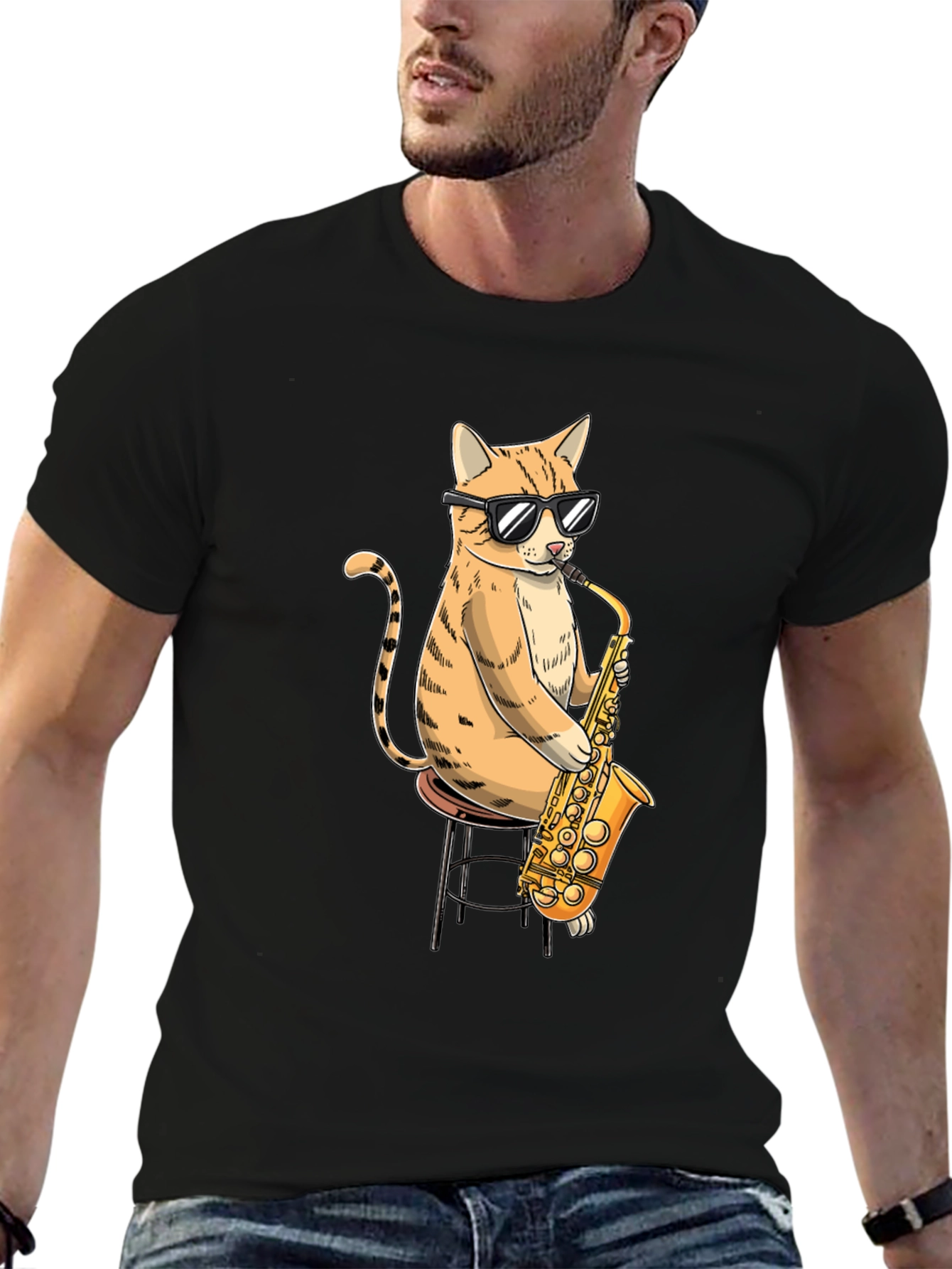 Black Cool Cat Saxophone Graphic T-Shirt view 6
