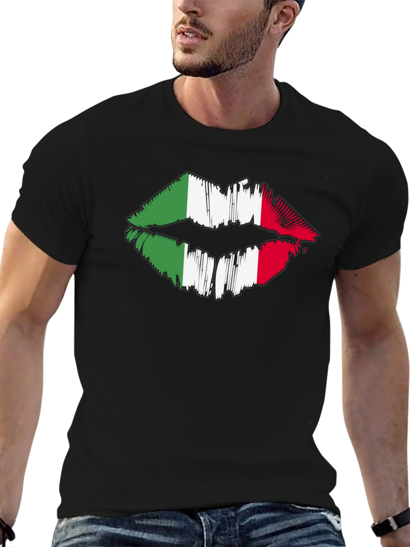 Black Italian Flag Lips Graphic Black T-Shirt view 6
