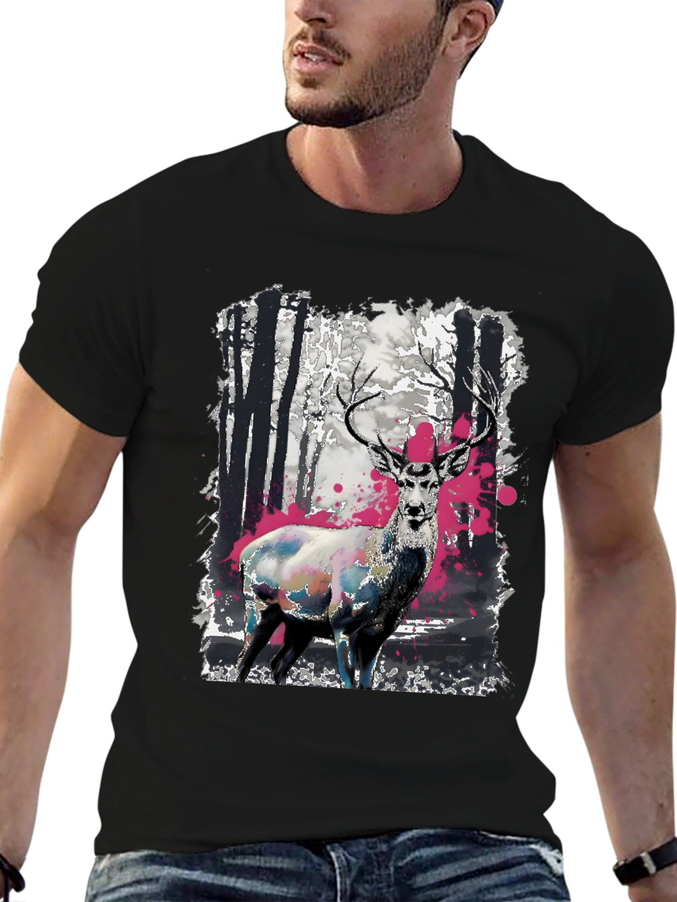 Black Deer in Forest Graphic Print Black T-Shirt view 6
