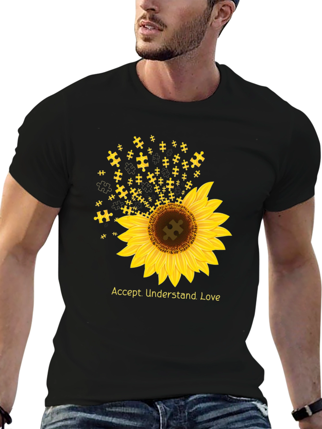 Black Autism Awareness Sunflower T-Shirt - Accept, Understand, Love view 6