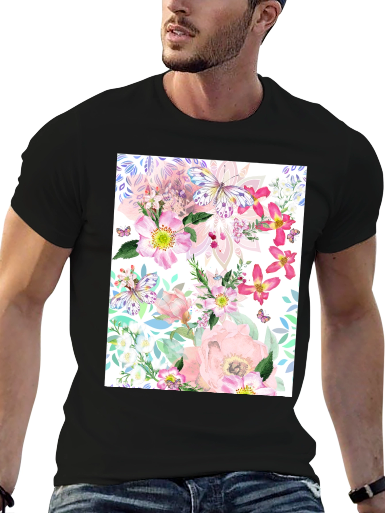 Black Floral Butterfly Print Black T-Shirt view 6