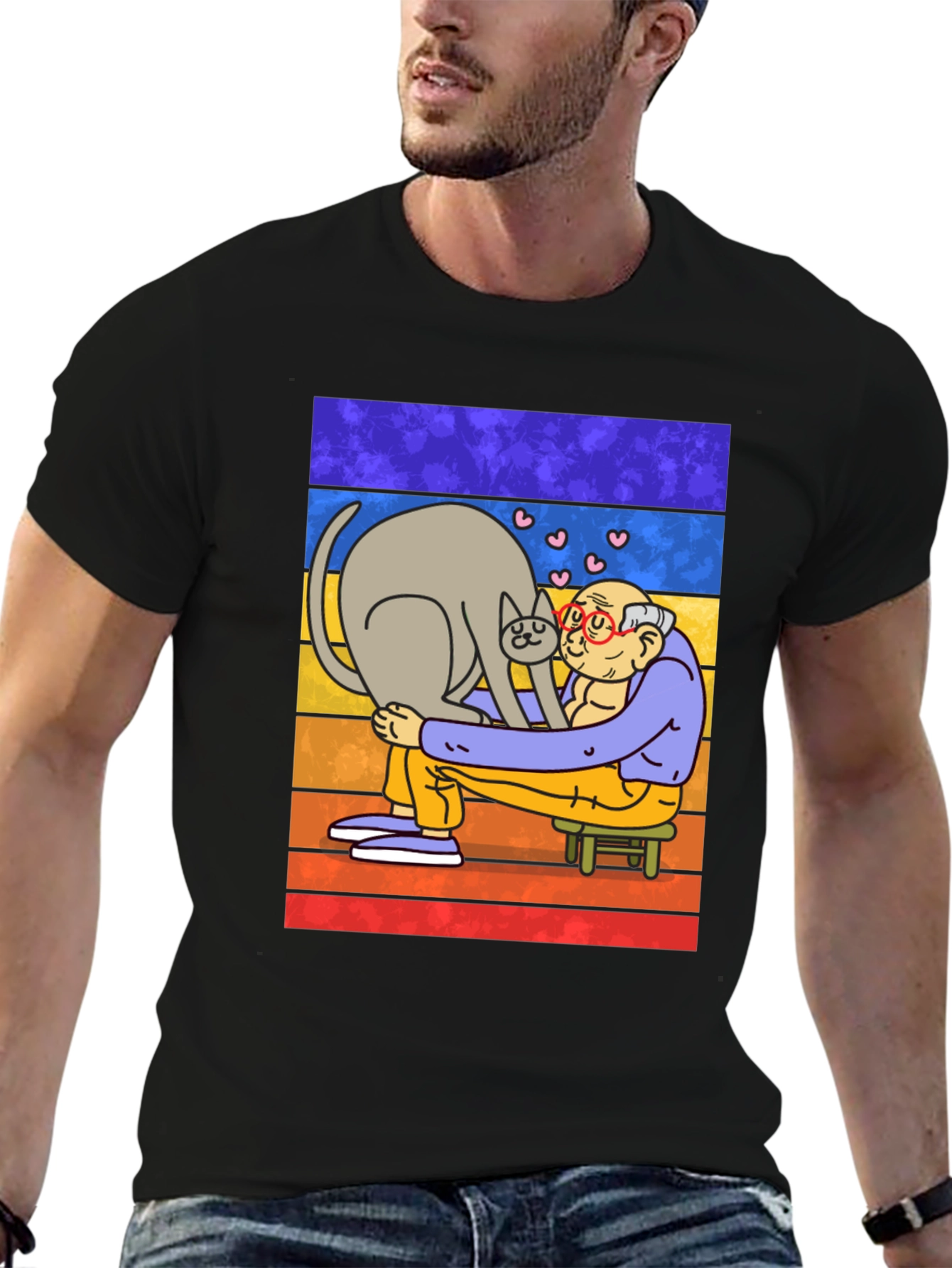Black Cat Lover T-Shirt - Cartoon Grandpa Hugging Cat view 6