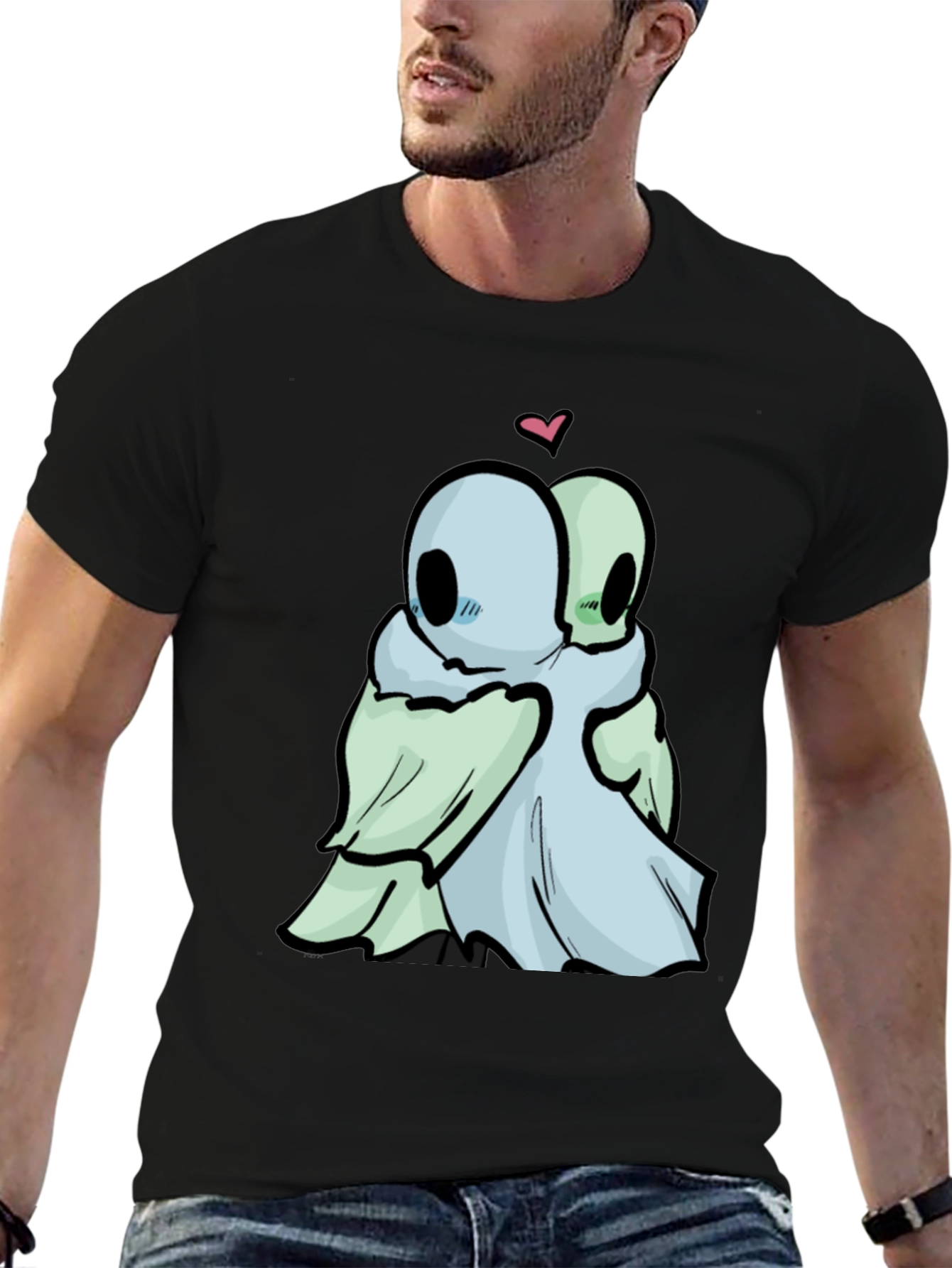 Black Cute Ghost Hug T-Shirt - Black Cotton Tee view 6
