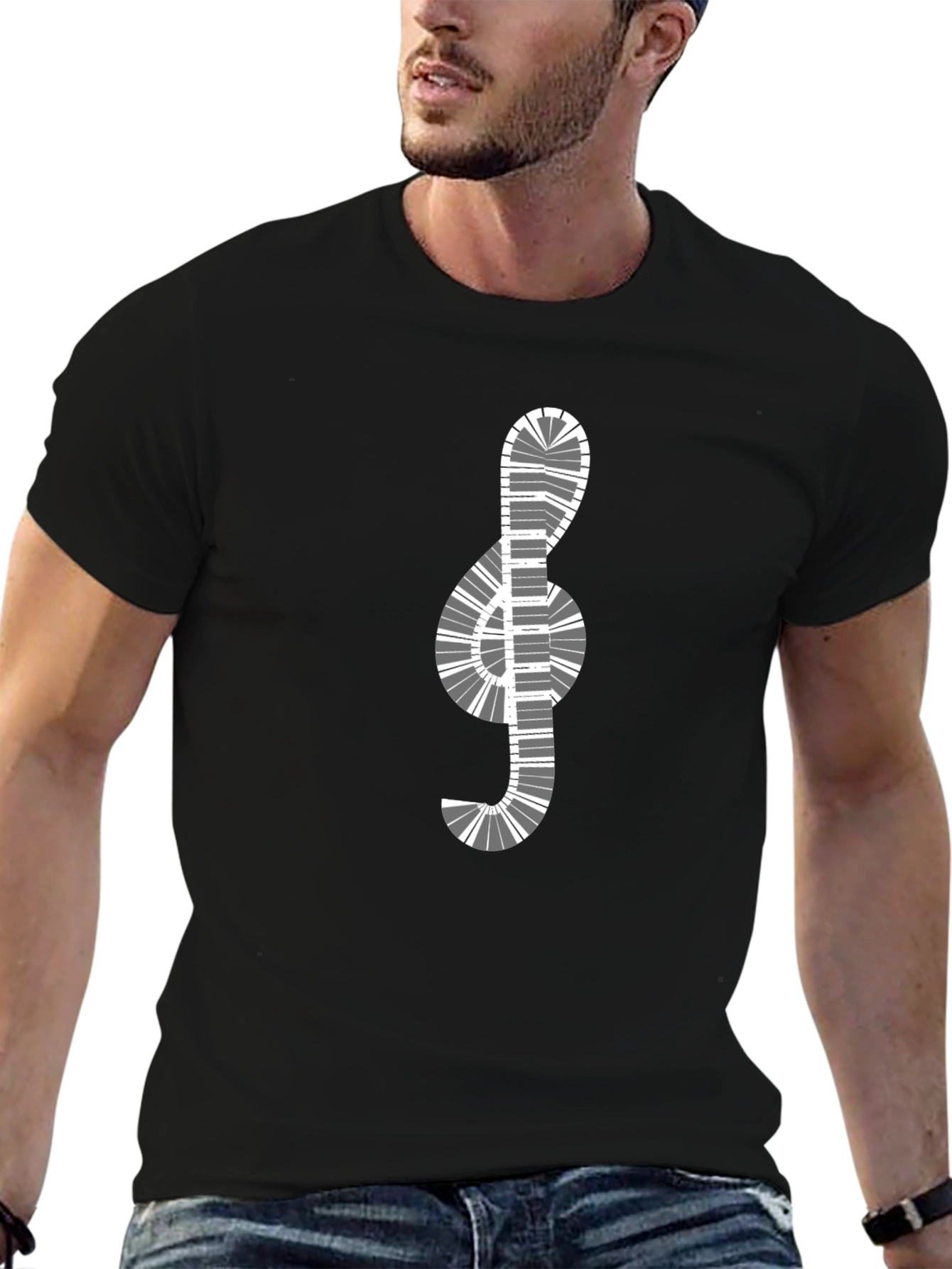 Black Musical Clef Piano Keys Graphic T-Shirt view 6