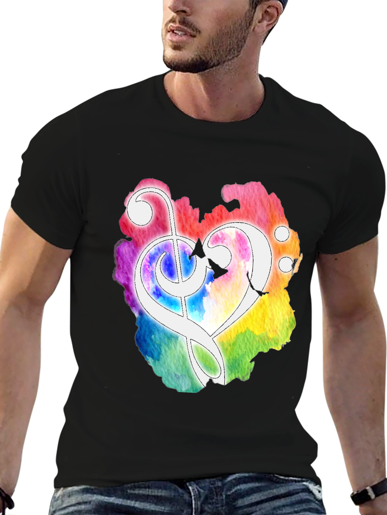 Black Watercolor Heart Treble Clef Black T-Shirt view 6