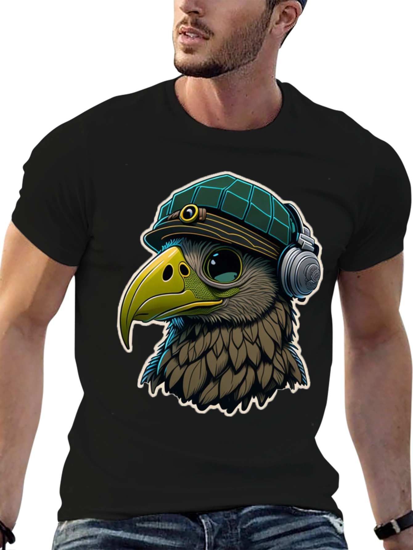 Black Cool Bird in Hat & Headphones Graphic Tee view 6
