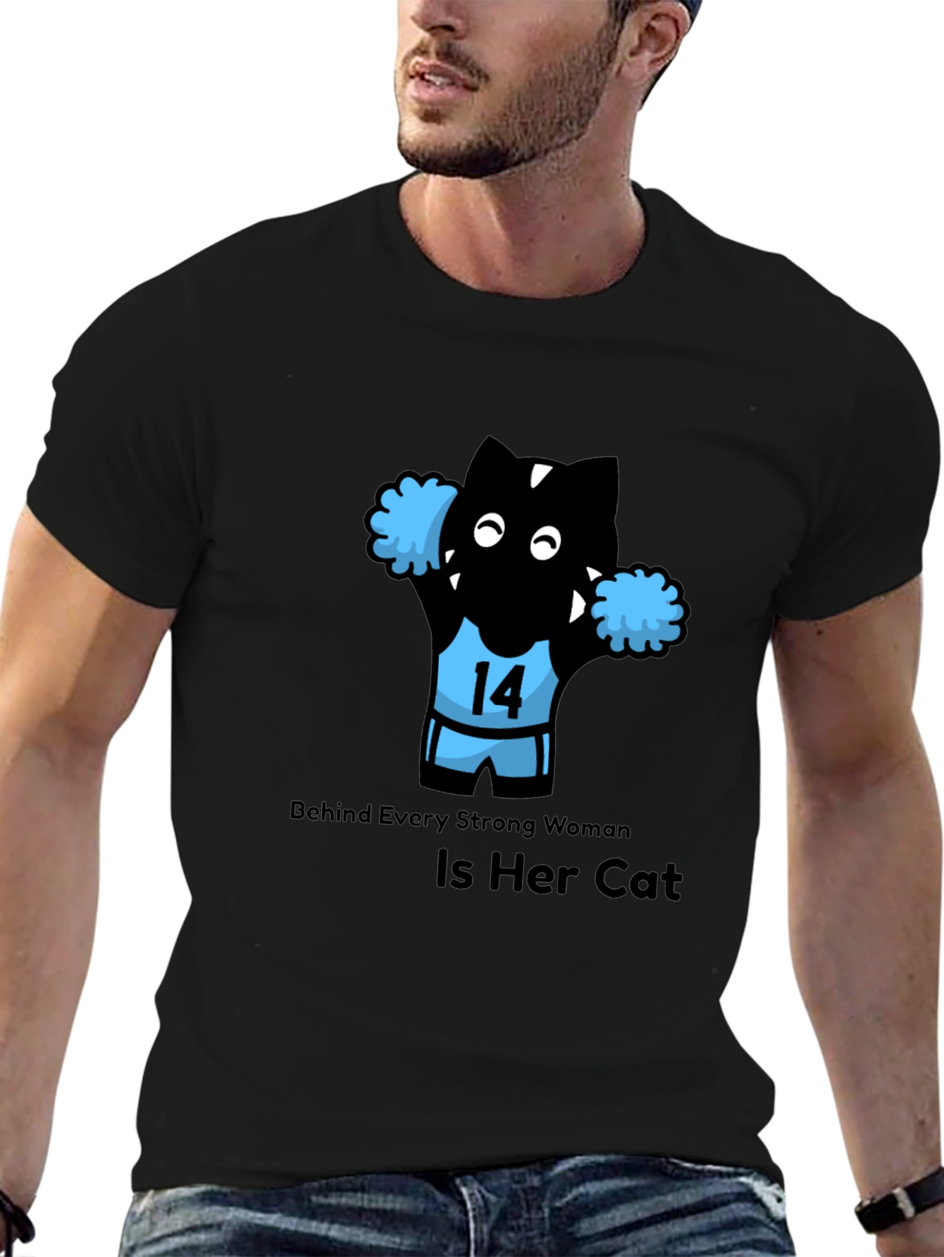 Black Funny Cat Cheerleader T-Shirt - Strong Women Support Cats! view 6