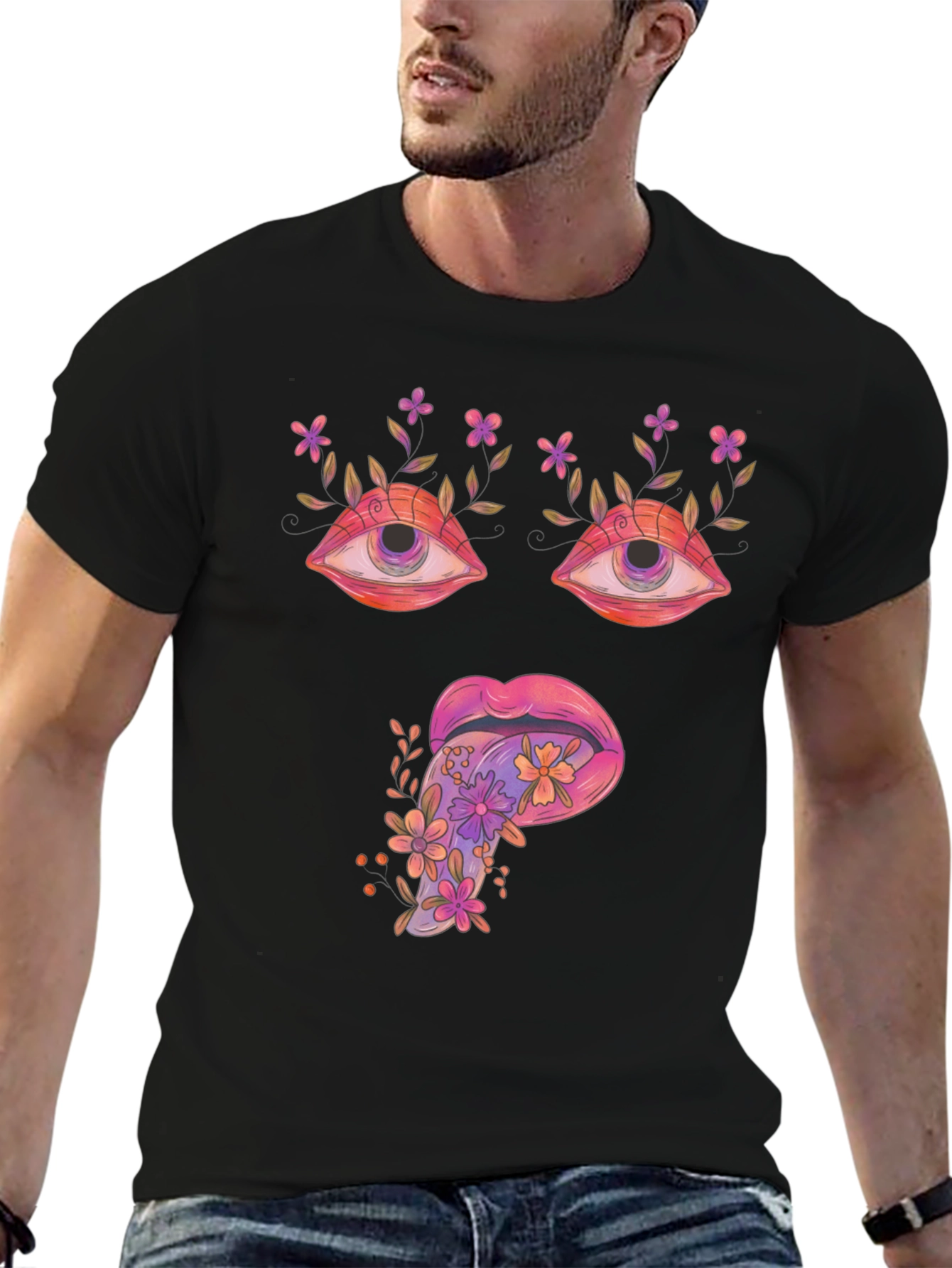 Black Psychedelic Eyes & Tongue Graphic T-Shirt - Black view 6