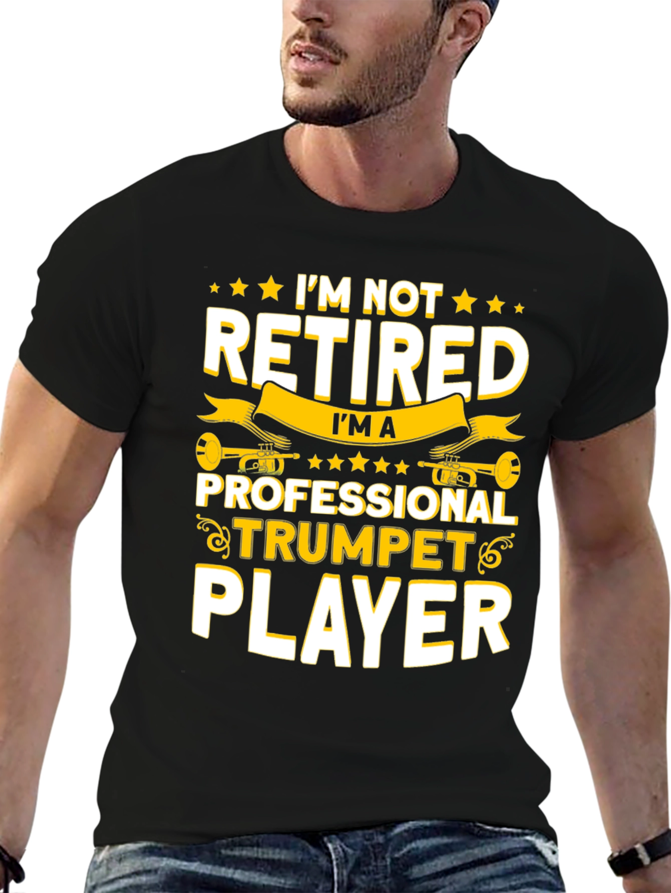Black I'm Not Retired Trumpet Player T-Shirt view 6