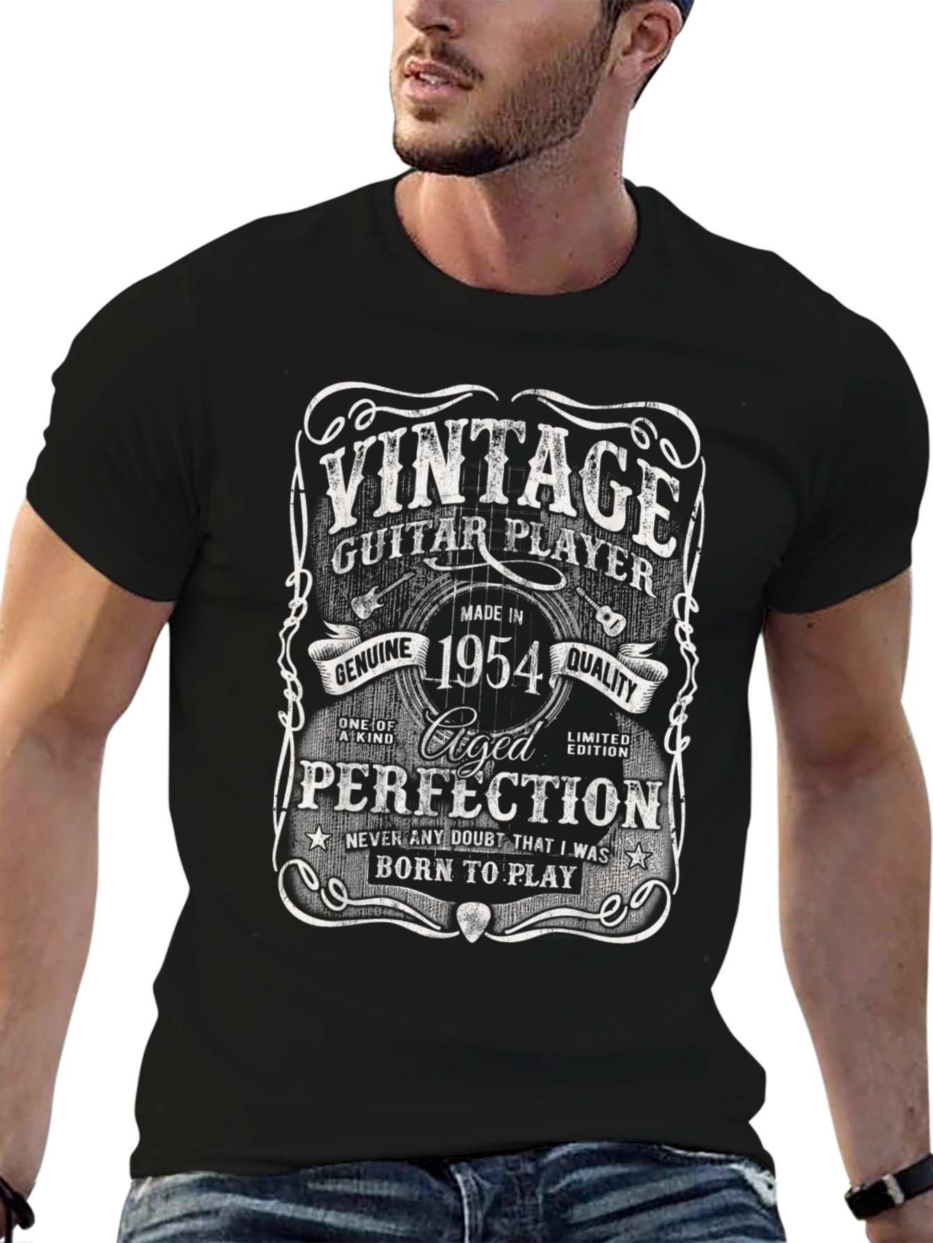 Black Vintage 1954 Guitar Player T-Shirt view 6