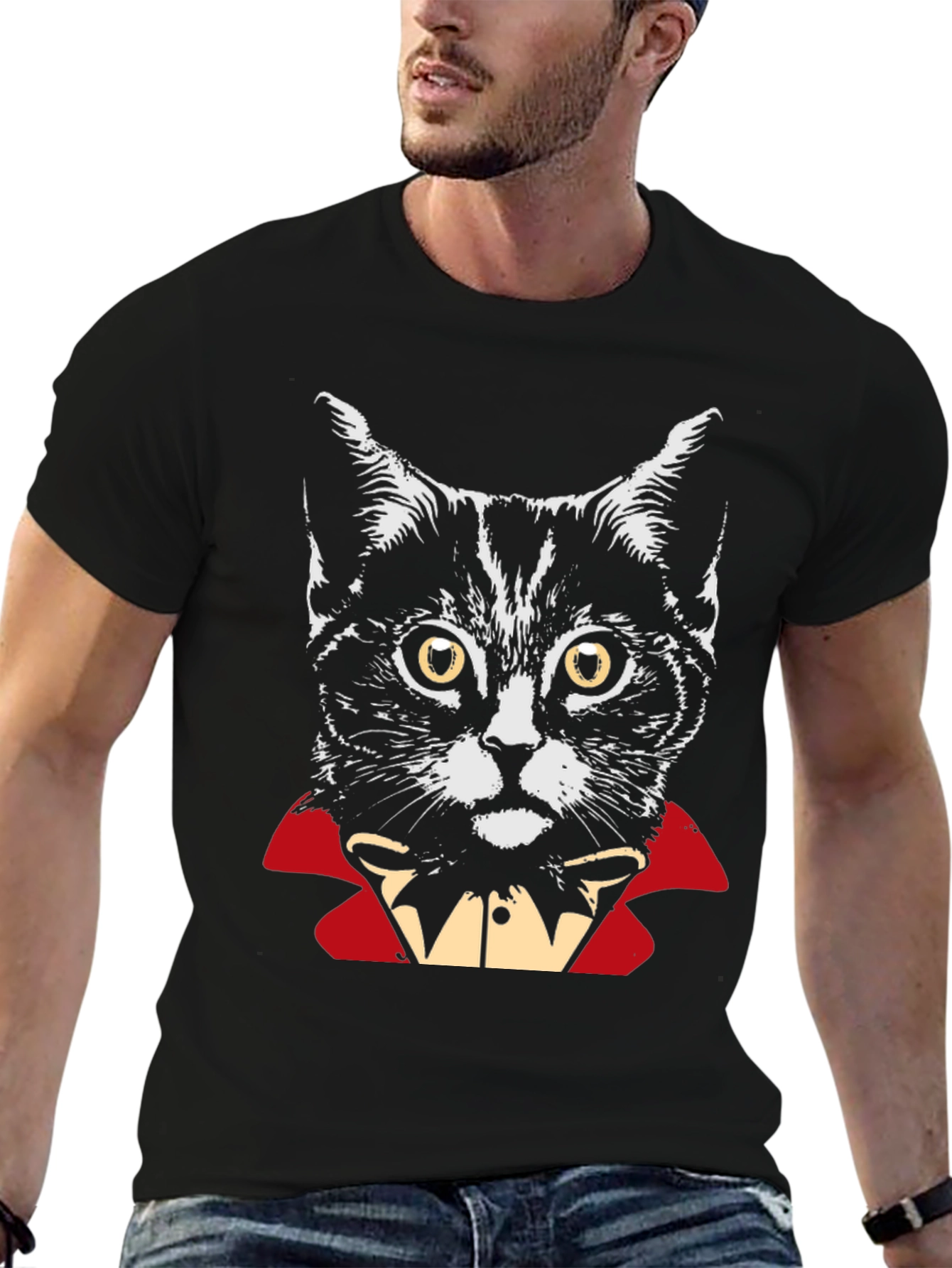 Black Vampire Cat Graphic T-Shirt - Halloween Costume Tee view 6
