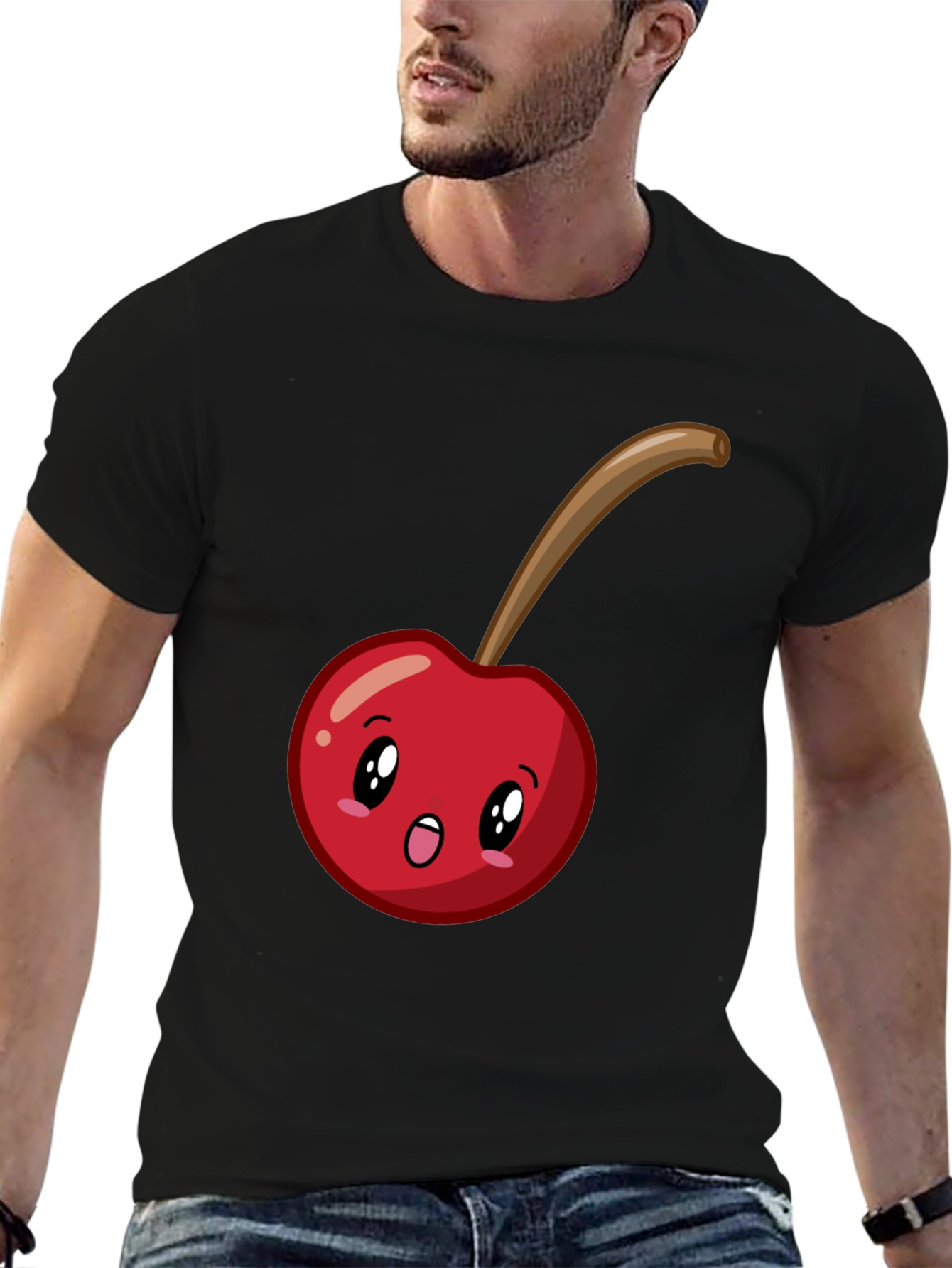 Black Cute Cherry Cartoon Graphic T-Shirt - Black view 6
