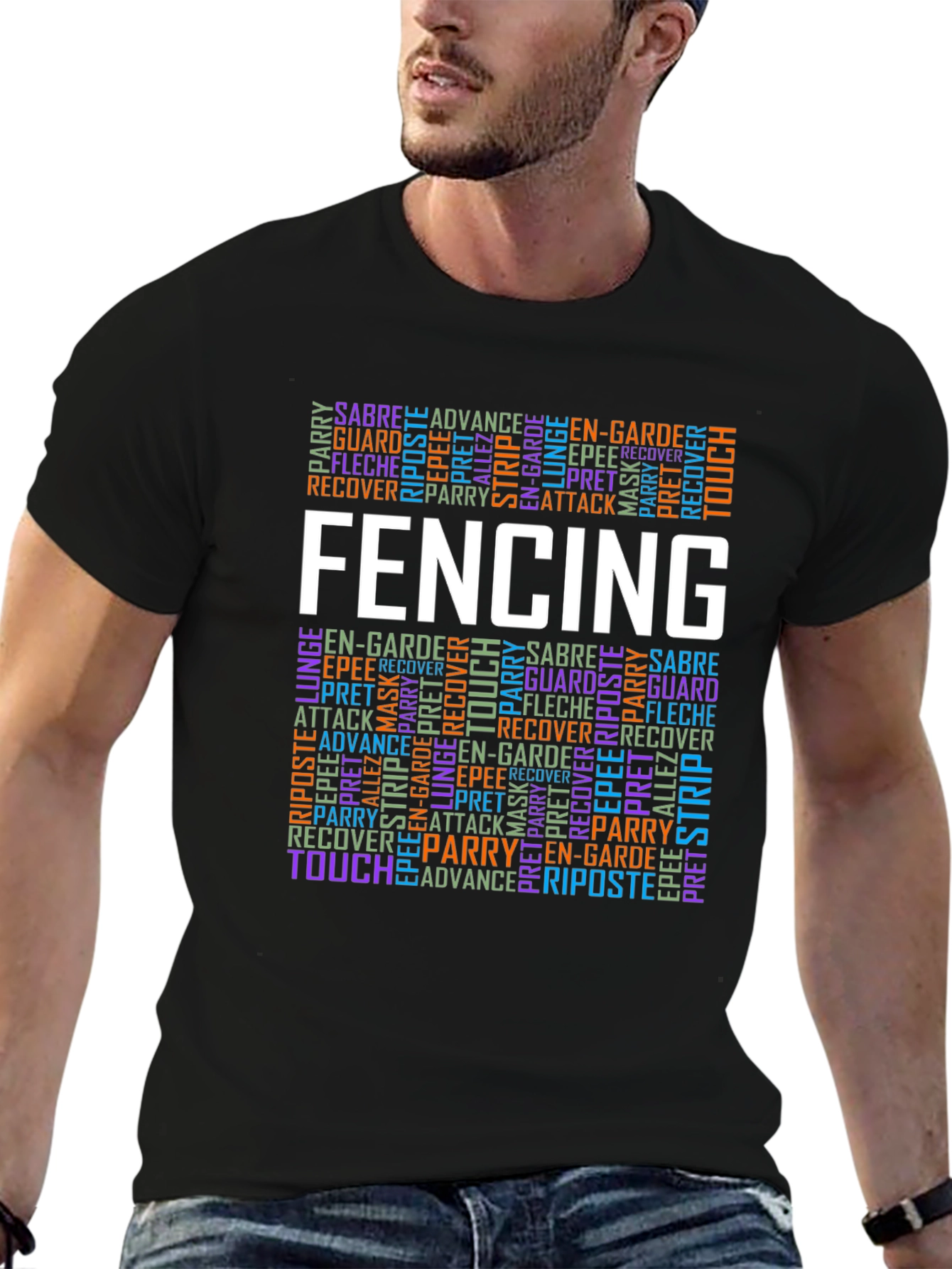Black Fencing Word Art Graphic T-Shirt view 6