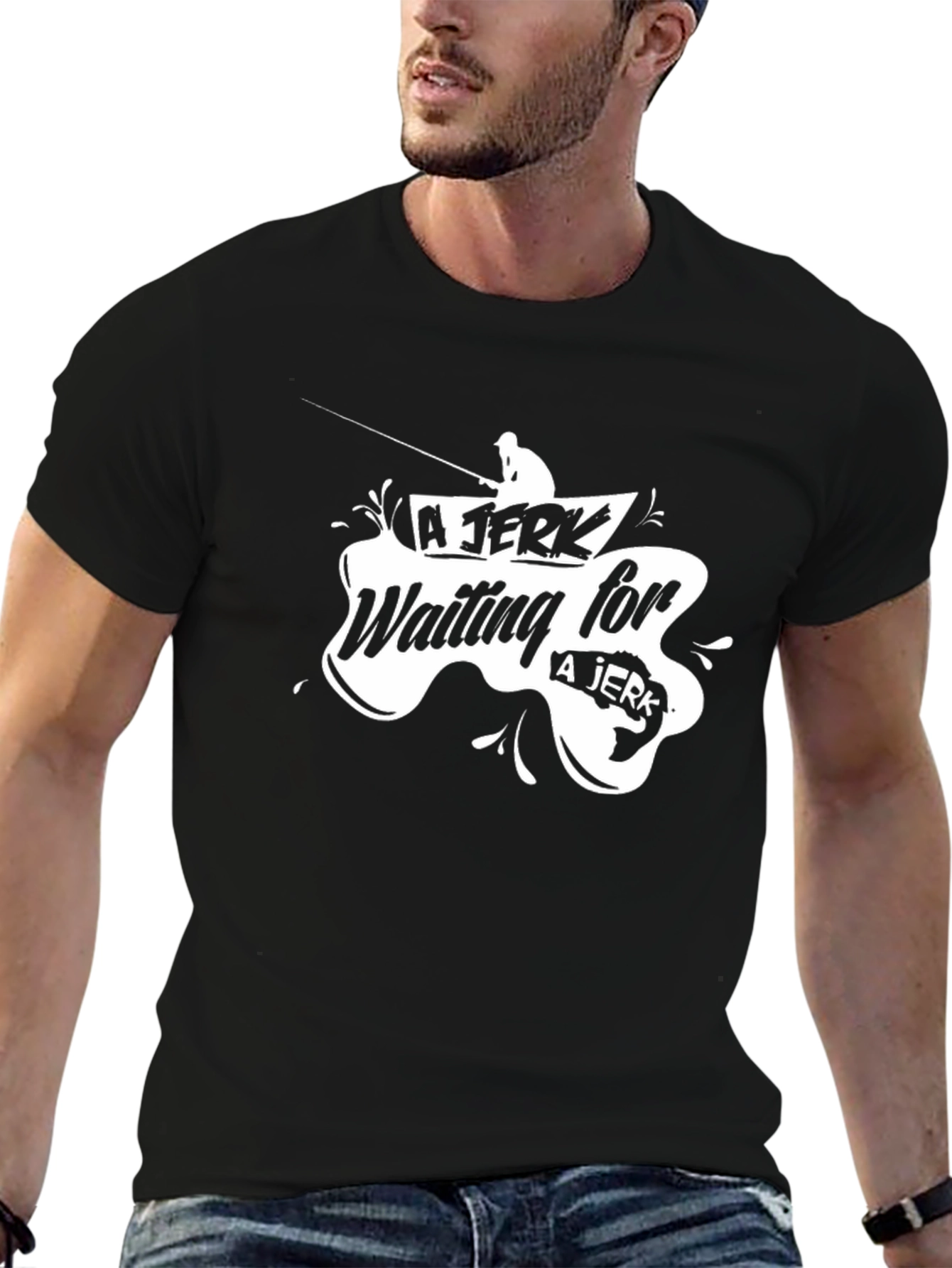 Black Funny Fishing T-Shirt - A Jerk Waiting for a Jerk - Black view 6