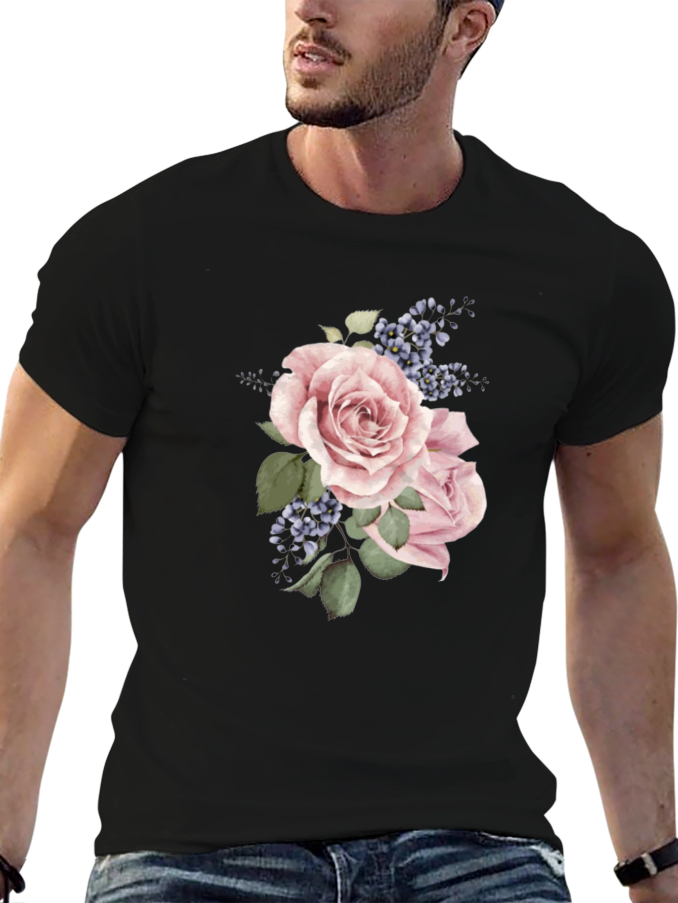 Black Floral Rose Graphic Black T-Shirt view 6