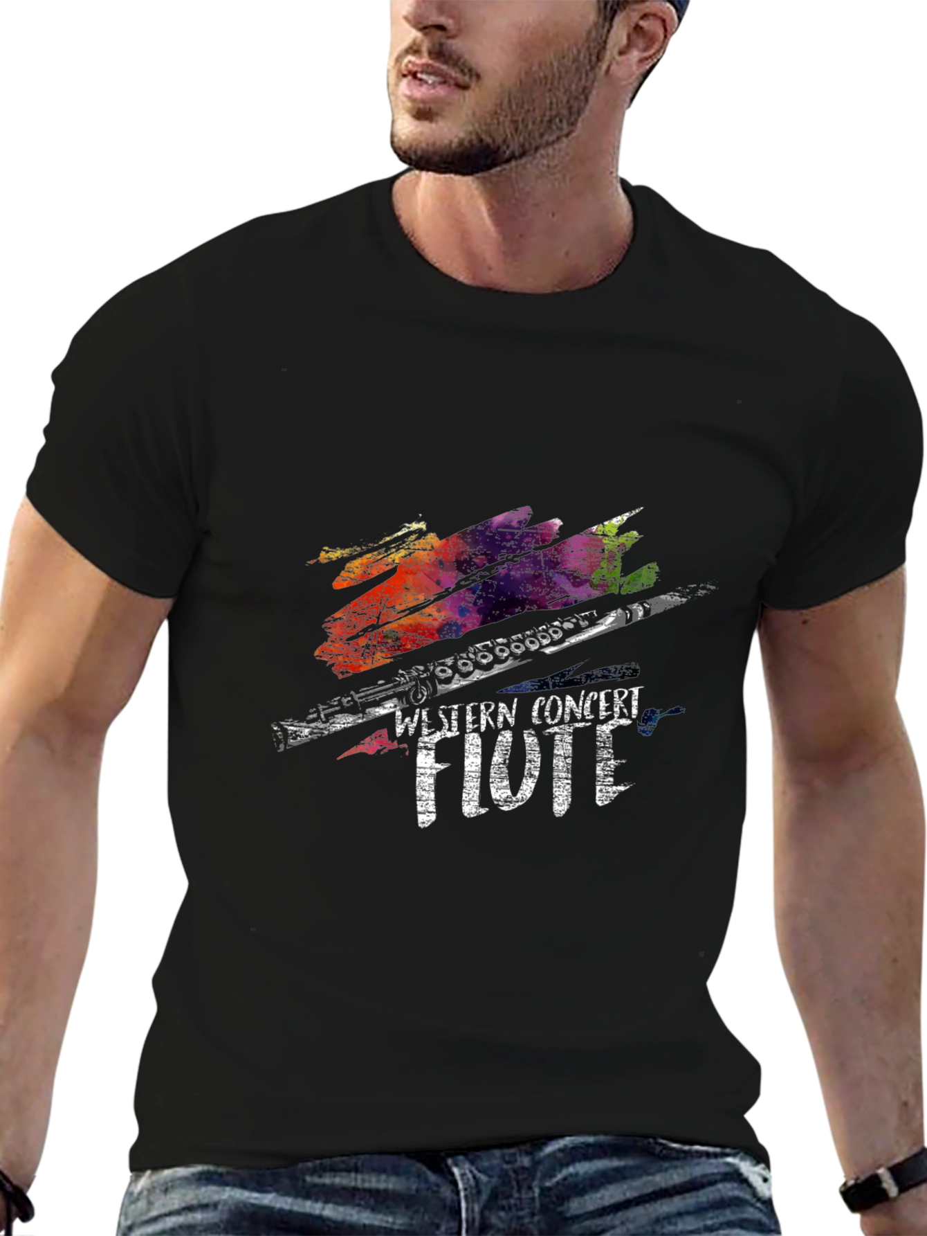 Black Western Concert Flute T-Shirt - Colorful Music Tee view 6
