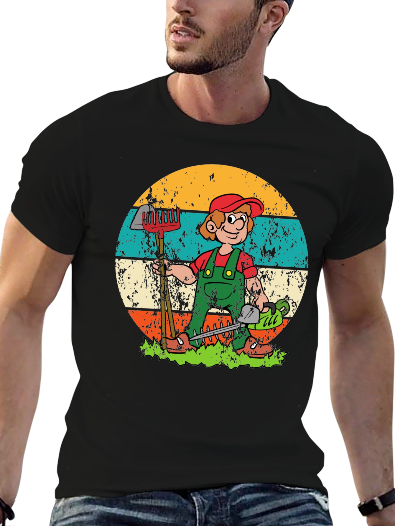 Black Gardener Cartoon Graphic T-Shirt - Unisex view 6