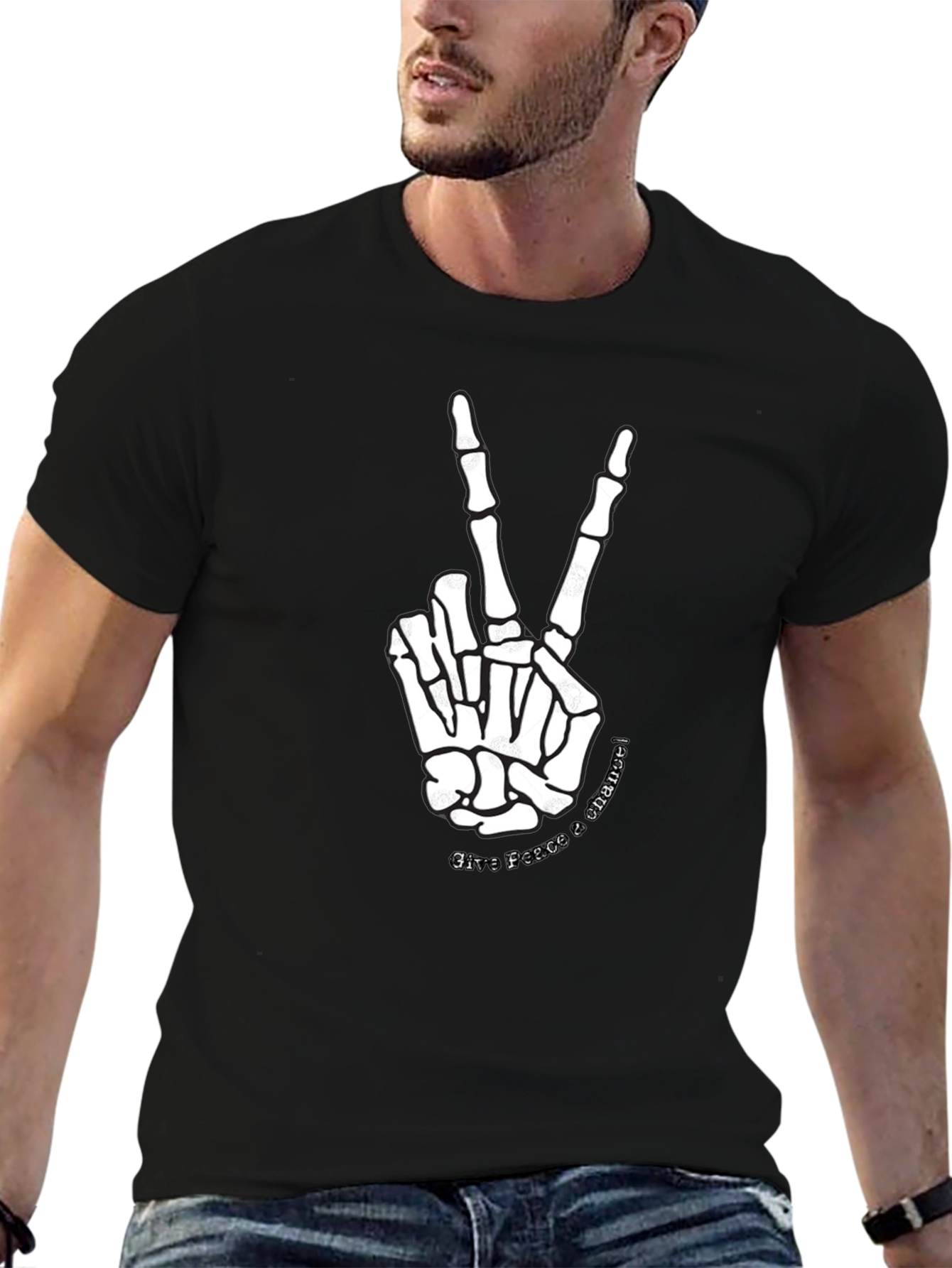 Black Skeleton Hand Peace Sign Black Graphic Tee view 6