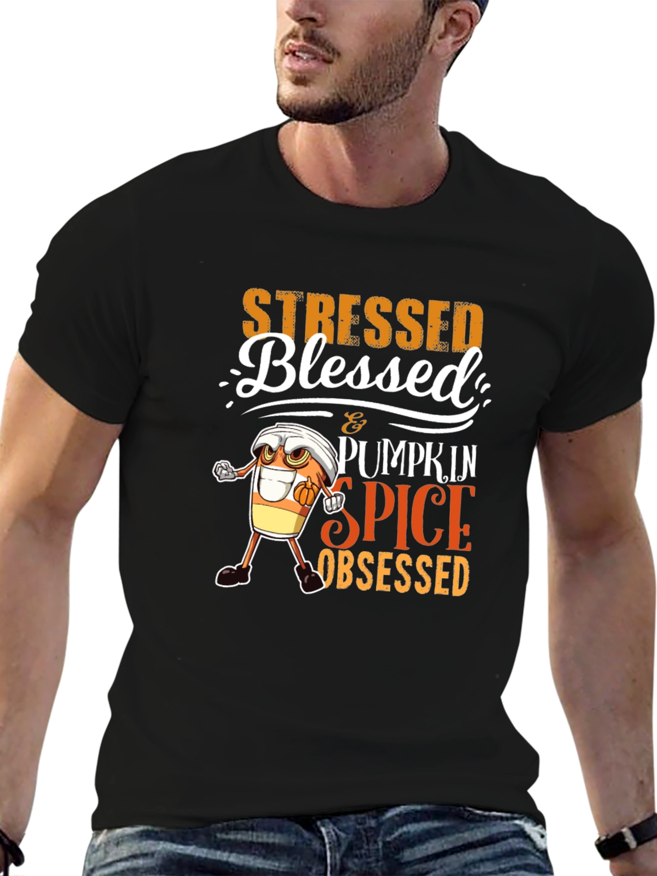 Black Stressed Blessed Pumpkin Spice Obsessed T-Shirt view 6