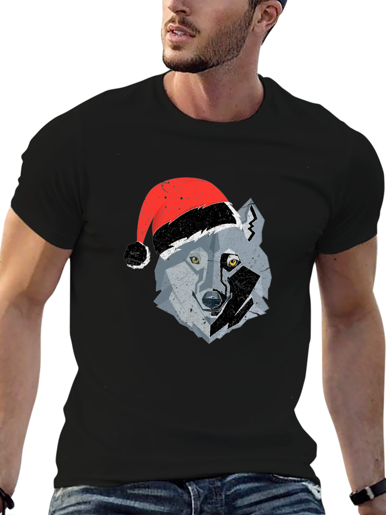 Black Wolf Santa Hat Graphic Tee view 6