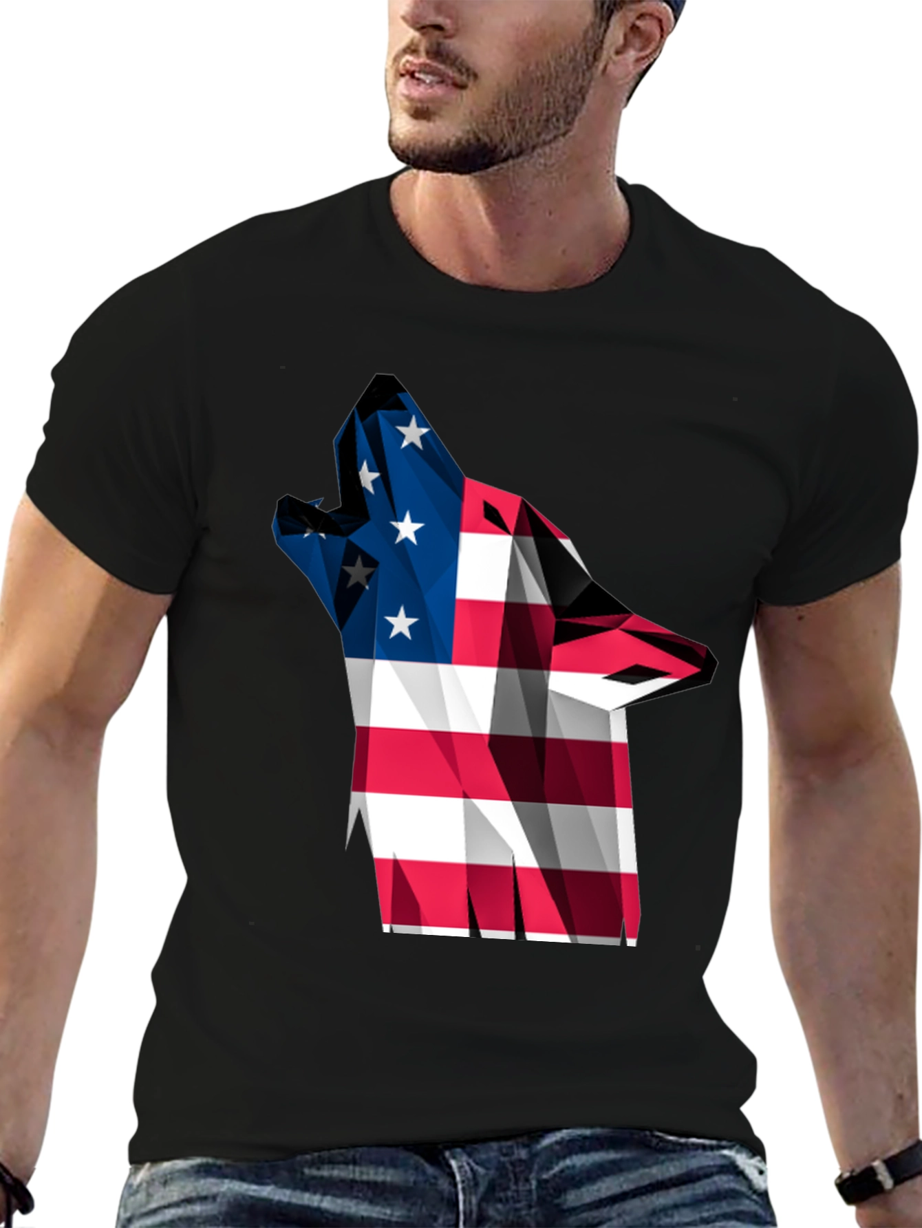 Black American Flag Wolf Graphic Tee view 6