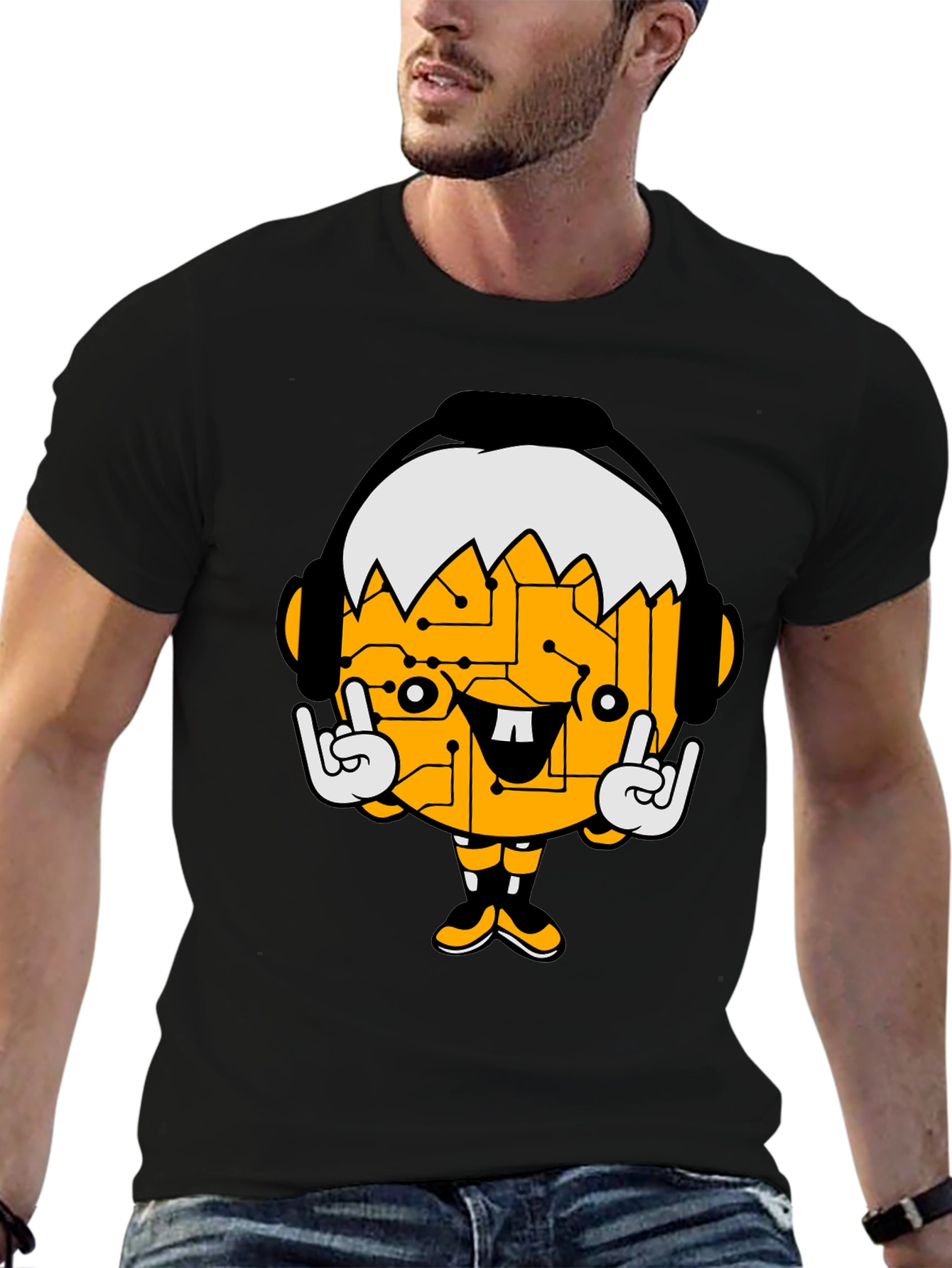 Black Tech Head Cartoon Graphic Black T-Shirt view 6