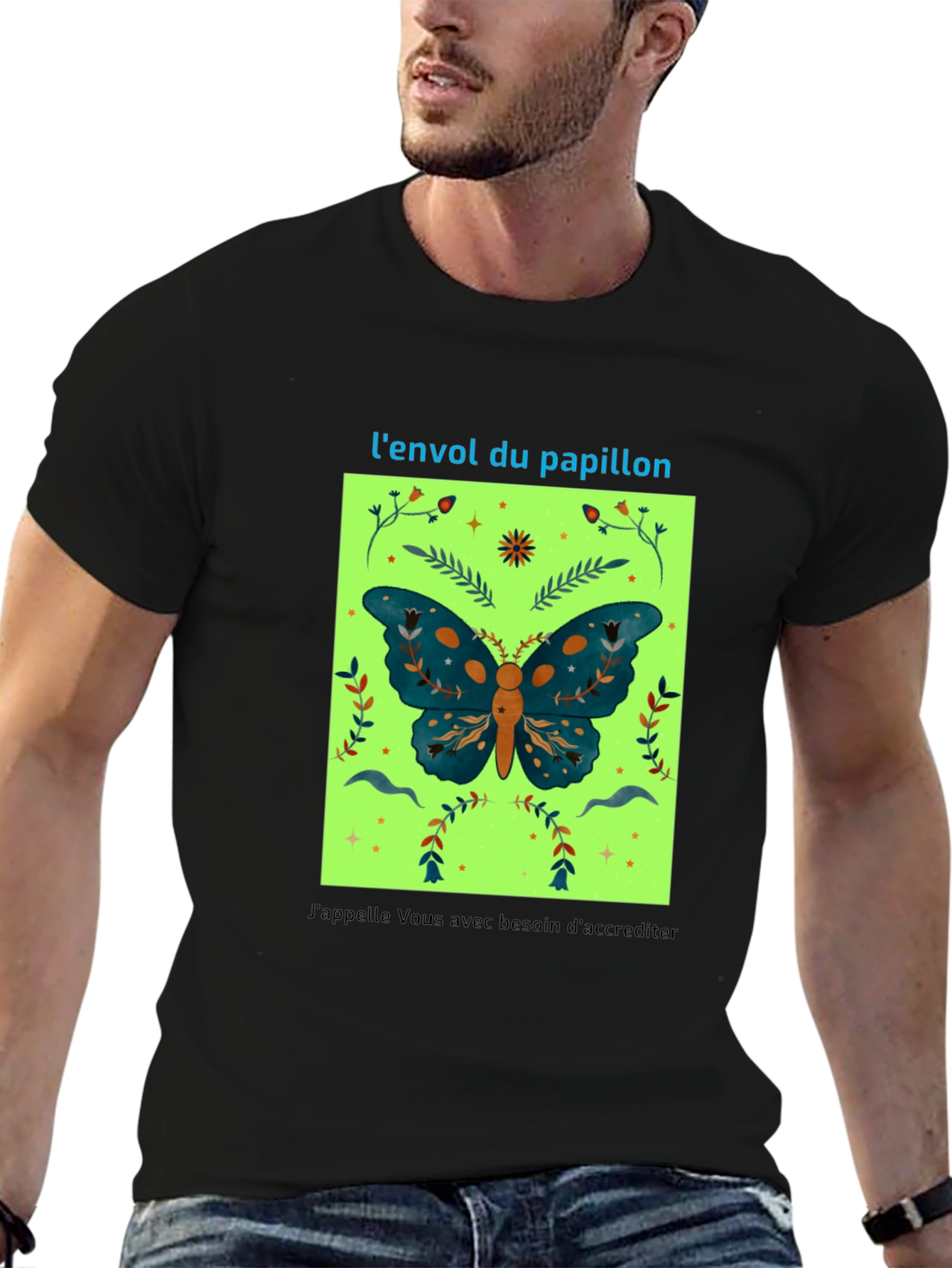 Black Butterfly Graphic Tee - French Slogan Design view 6