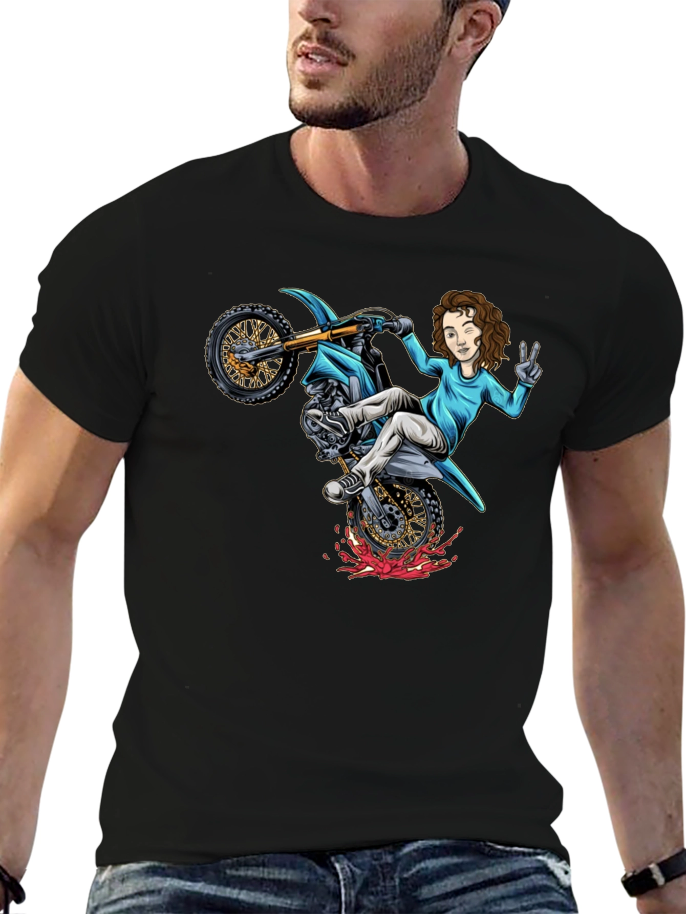 Black Motorcycle Girl Graphic Tee - Black Cotton Shirt view 6