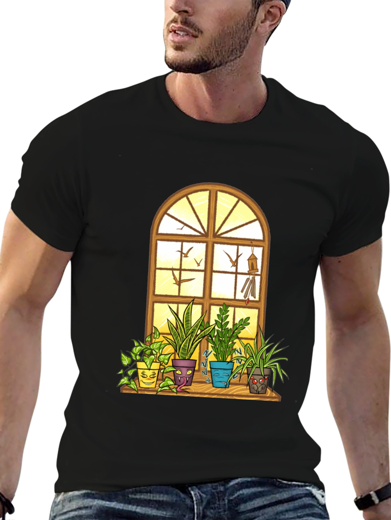 Black Men's Novelty Potted Plants Graphic T-Shirt view 6