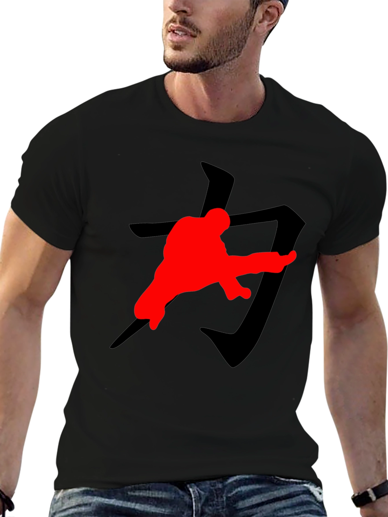 Black Karate Kick T-Shirt: Black with Red Graphic Print view 6