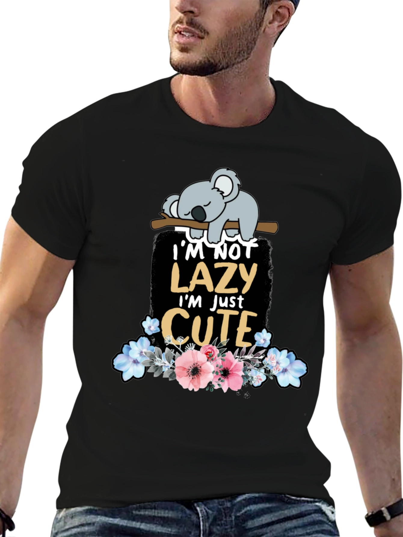 Black Lazy Koala T-Shirt: Cute Floral Design view 6