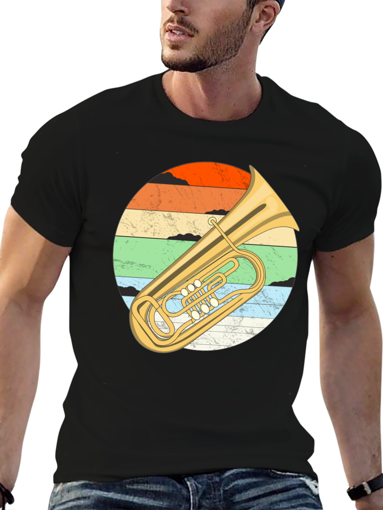 Black Vintage Tuba Sunset Graphic Tee - Musician's Black T-Shirt view 6