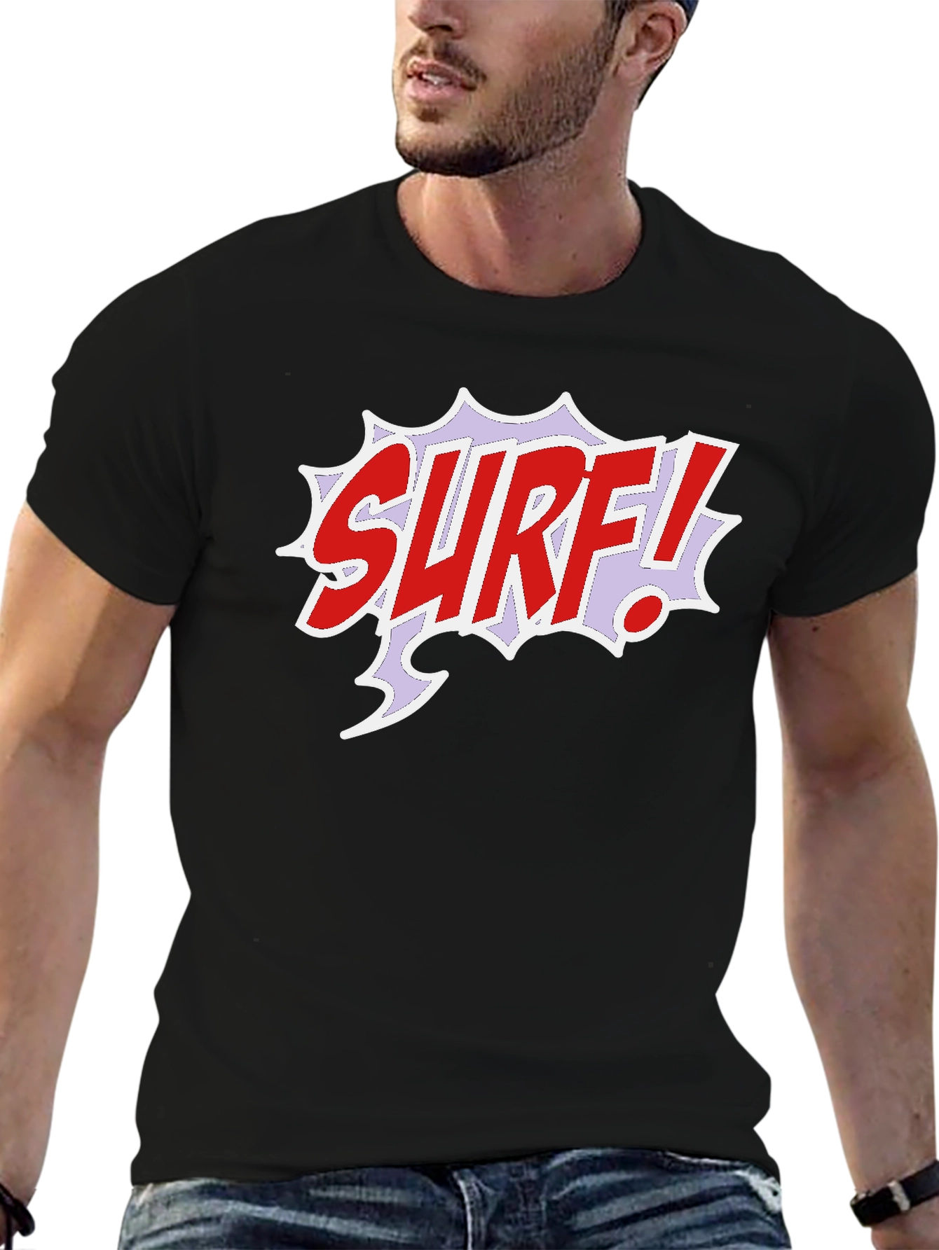 Black Surf Comic Style Black T-Shirt view 6