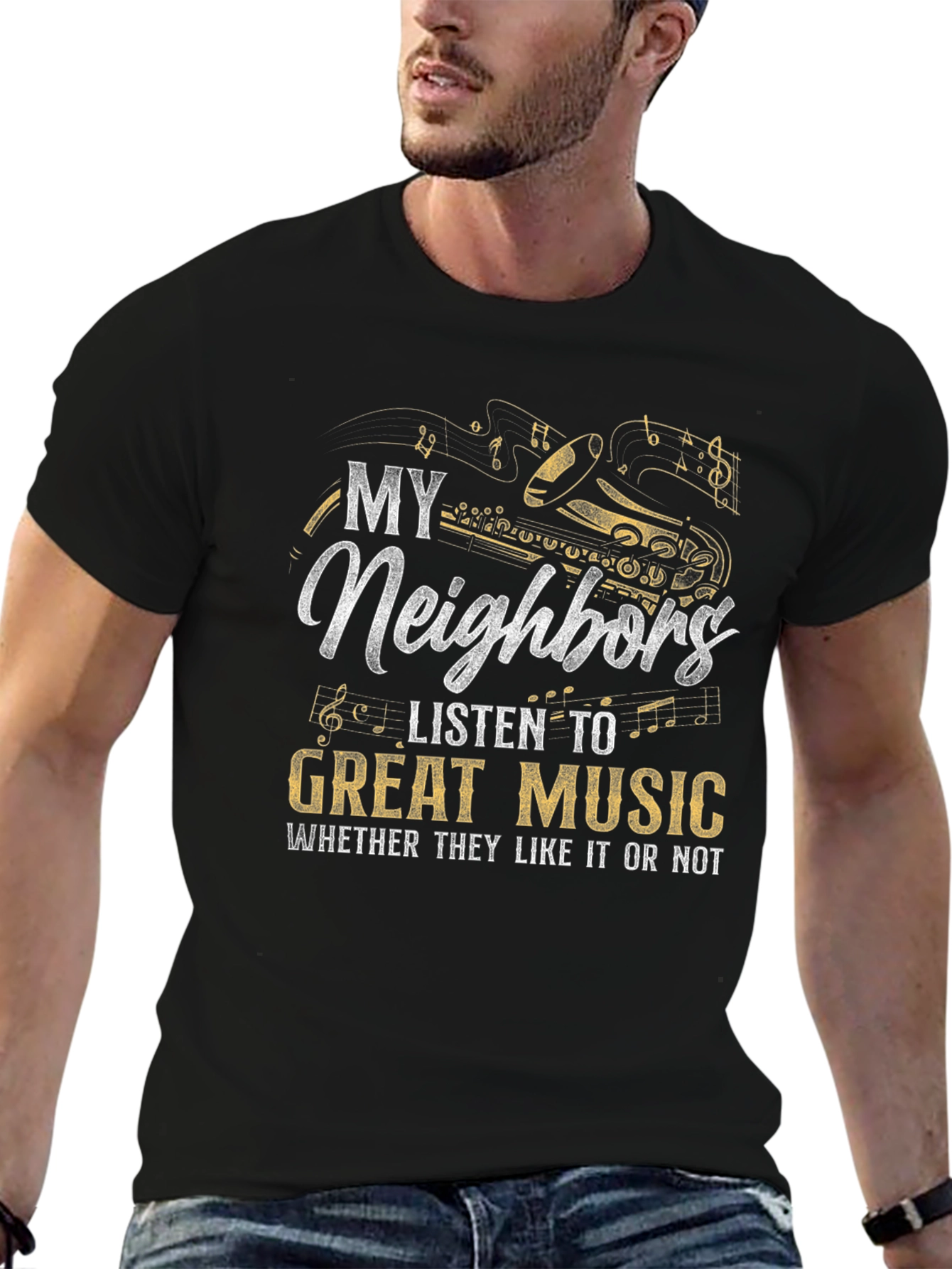 Black My Neighbors Listen to Great Music T-Shirt view 6
