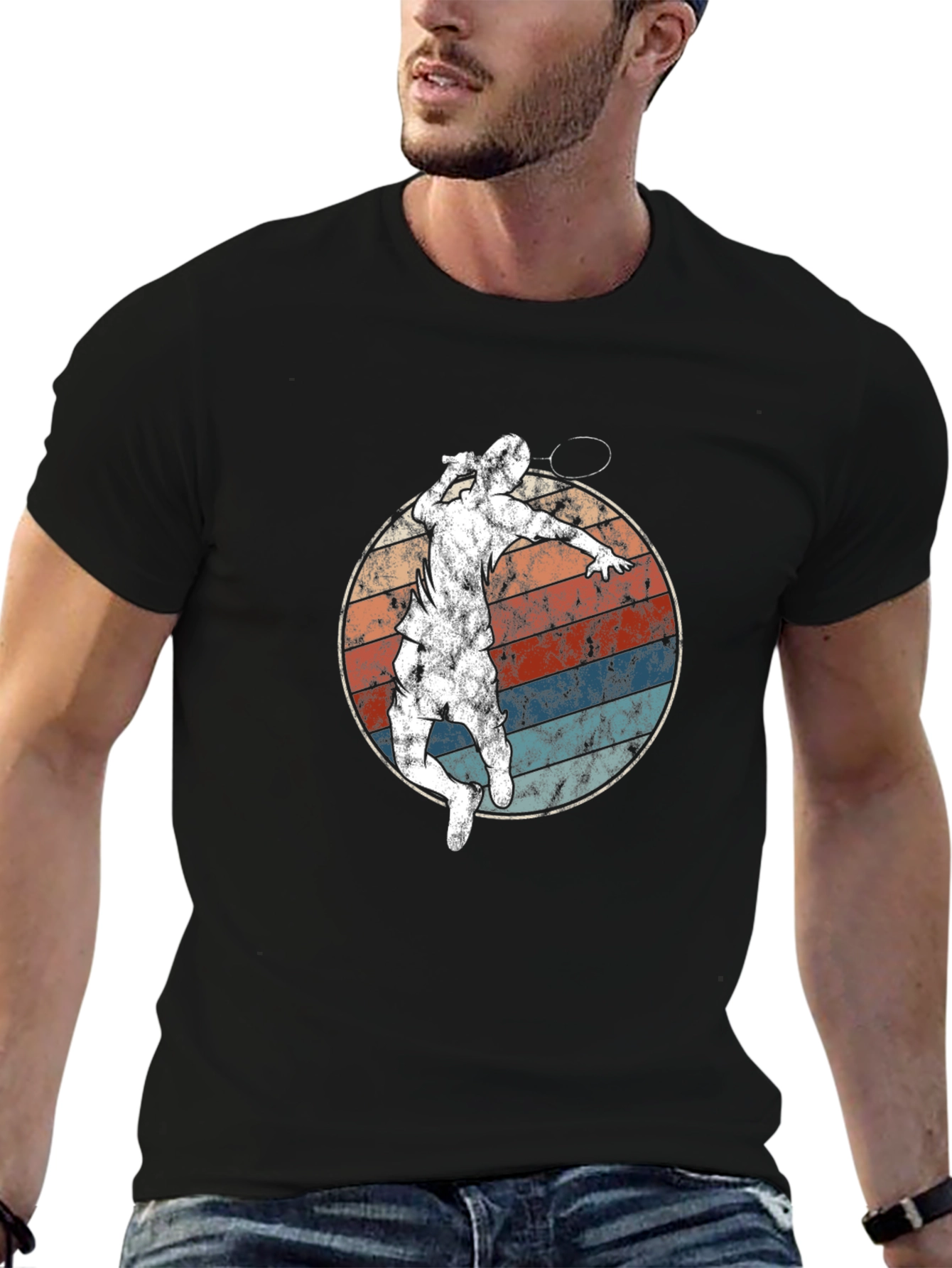 Black Vintage Badminton Player T-Shirt view 6