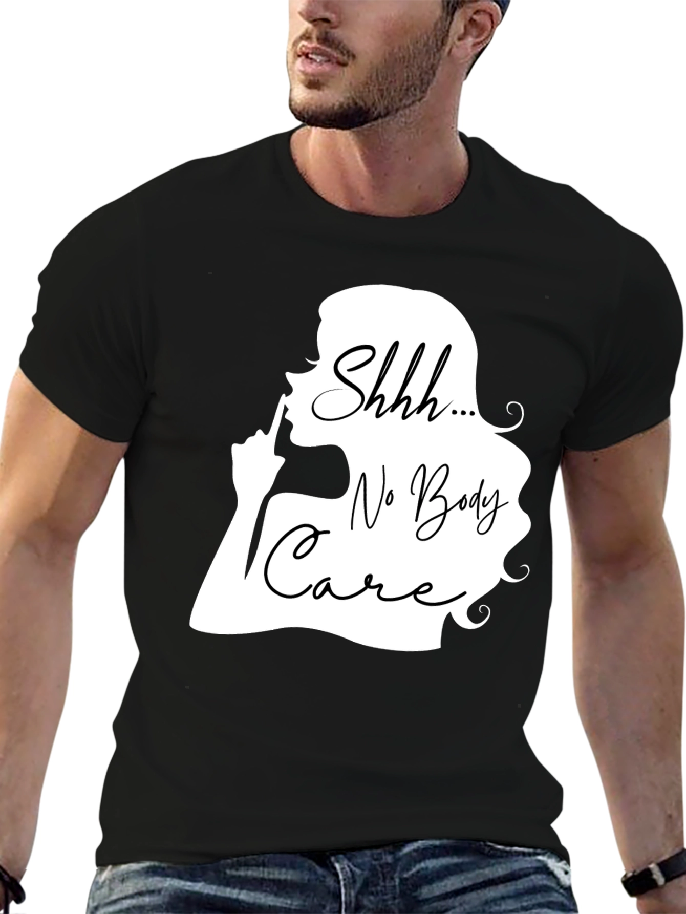 Black Shhh No Body Care Graphic Tee - Black Cotton T-Shirt view 6