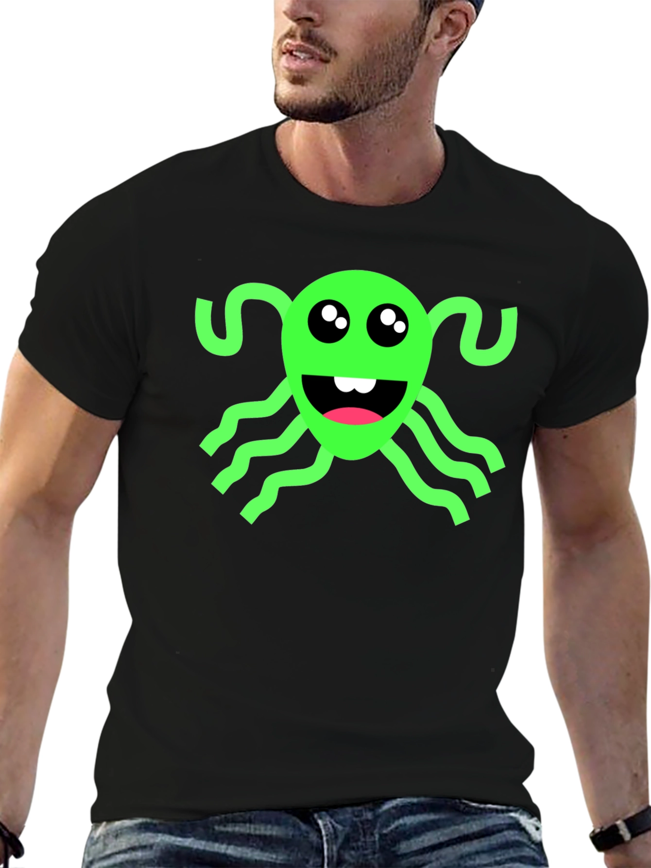 Black Funny Green Alien Black T-Shirt view 6