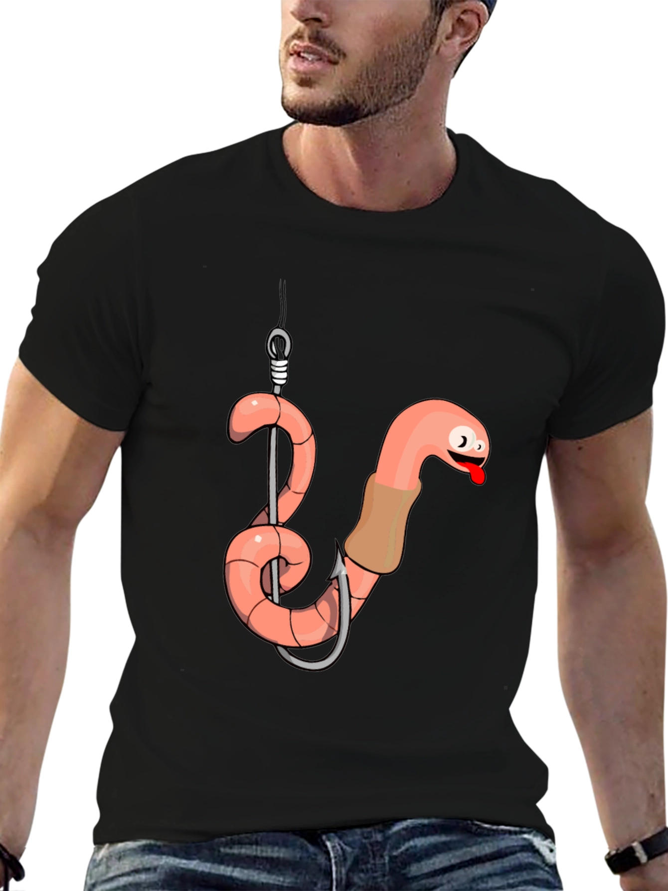 Black Funny Worm on Hook Black T-Shirt view 6