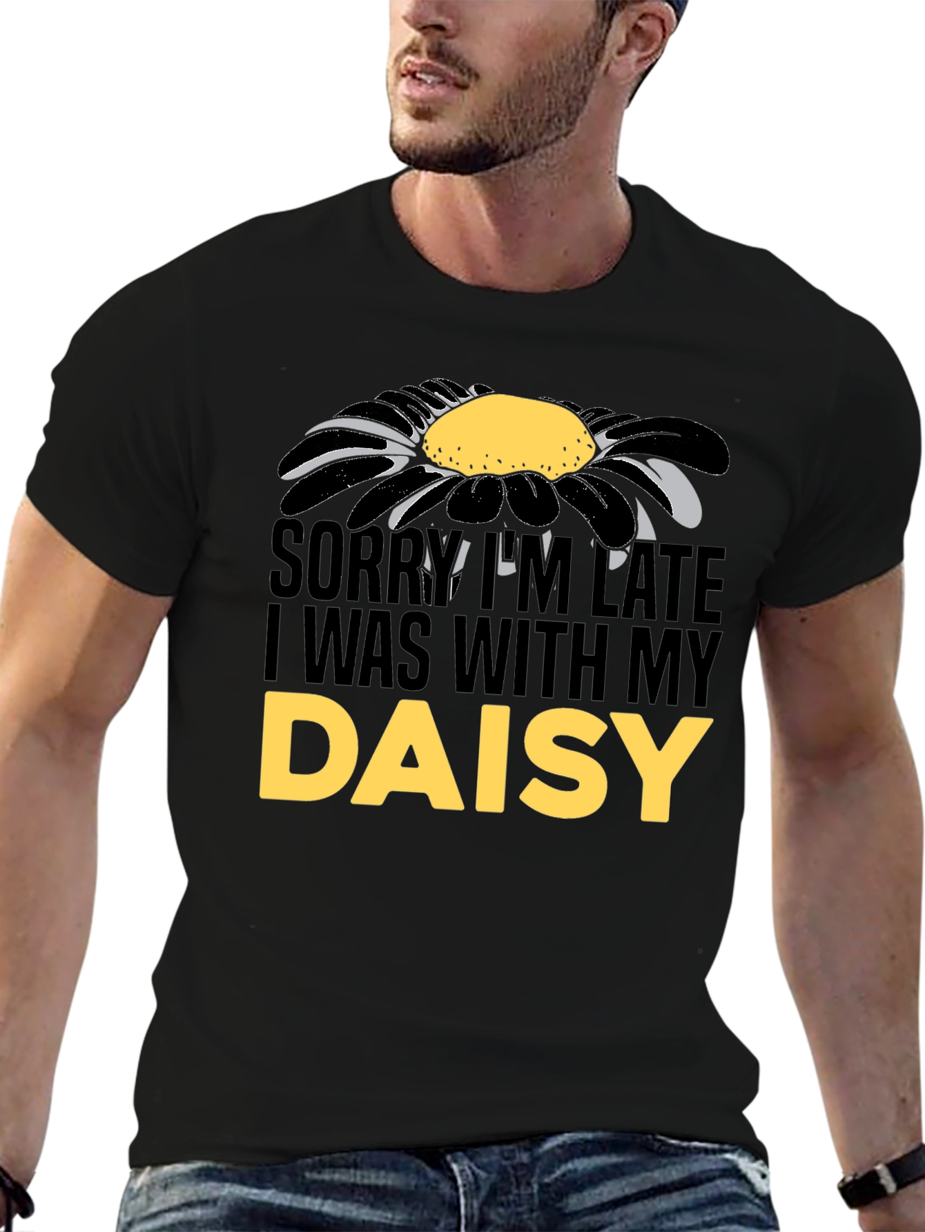 Black Daisy Graphic Men's T-Shirt - Sorry I'm Late view 6