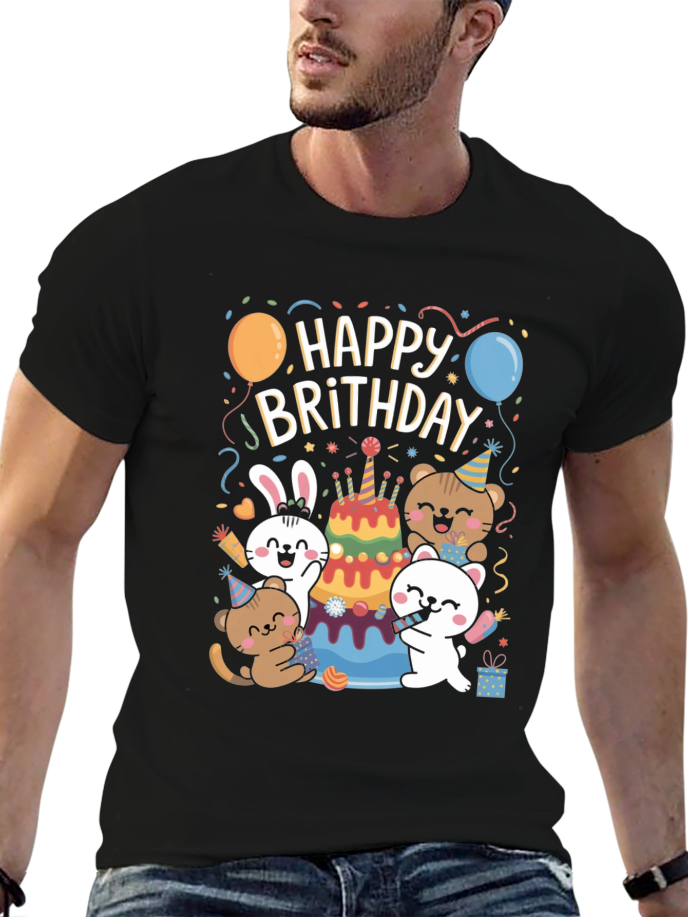 Black Happy Brithday T-Shirt With Cute Animal Graphics view 6