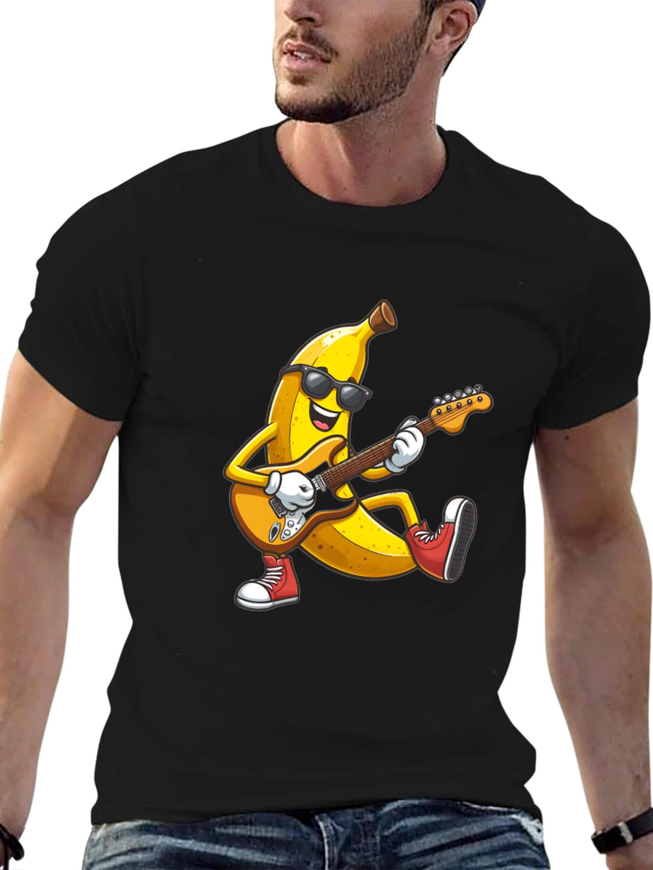 Black Banana Rocker T-Shirt - Cool Fruit Guitarist Tee view 6