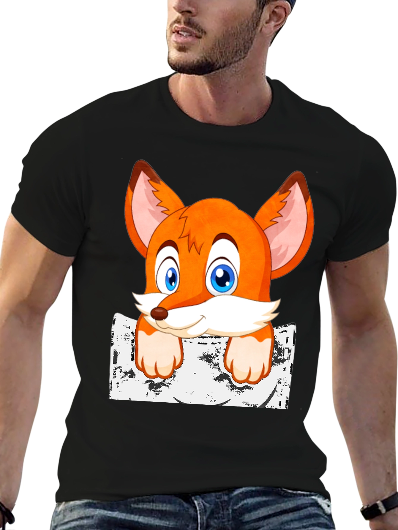 Black Cartoon Fox Graphic Print T-Shirt view 6
