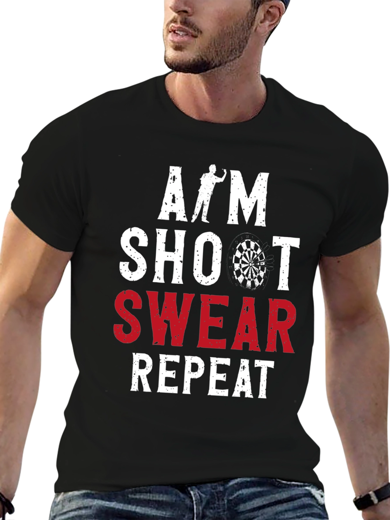 Black Aim Shoot Swear Repeat Darts Graphic Tee view 6