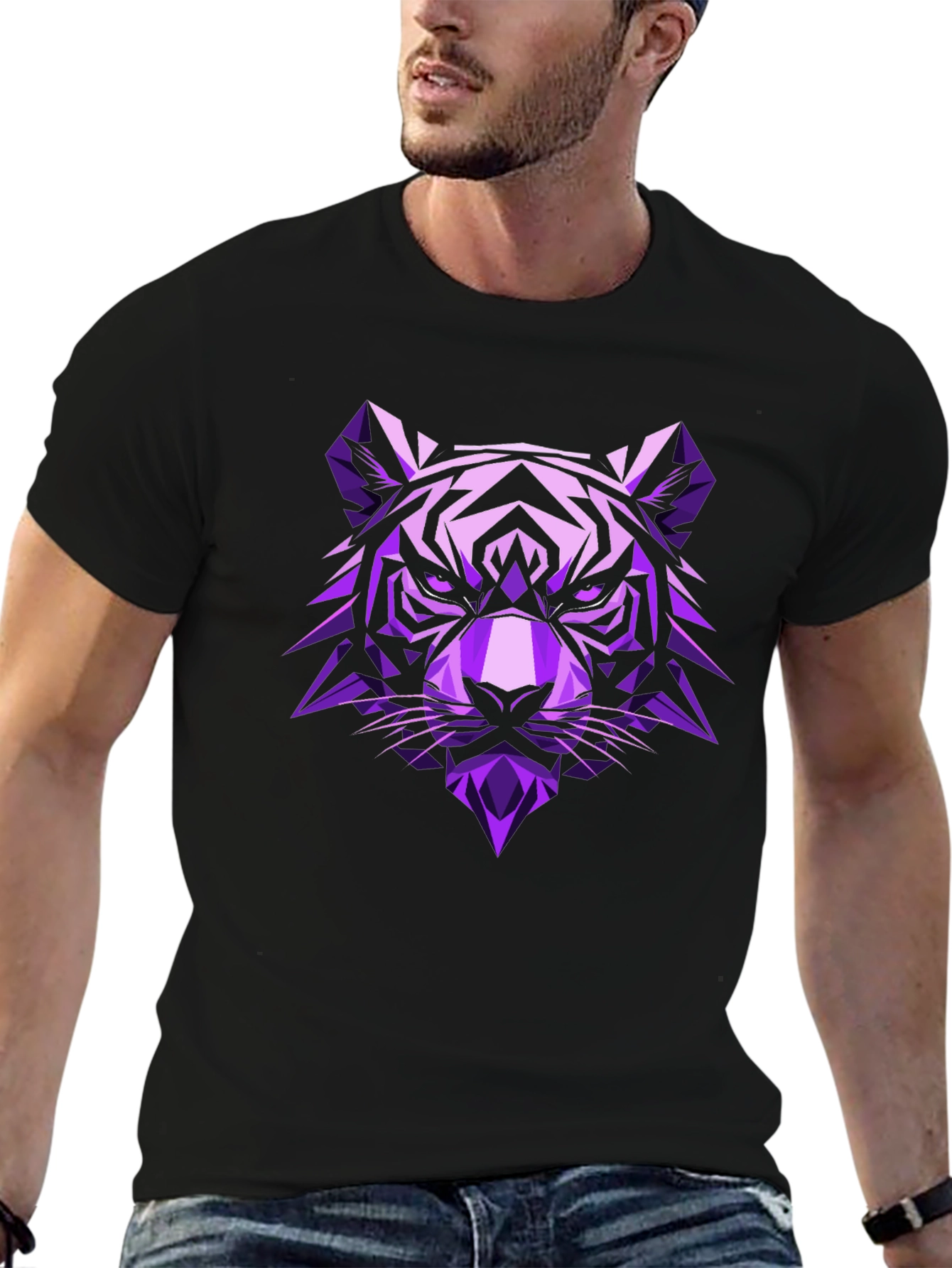 Black Geometric Tiger Graphic T-Shirt - Stylish Men's Black Tee view 6