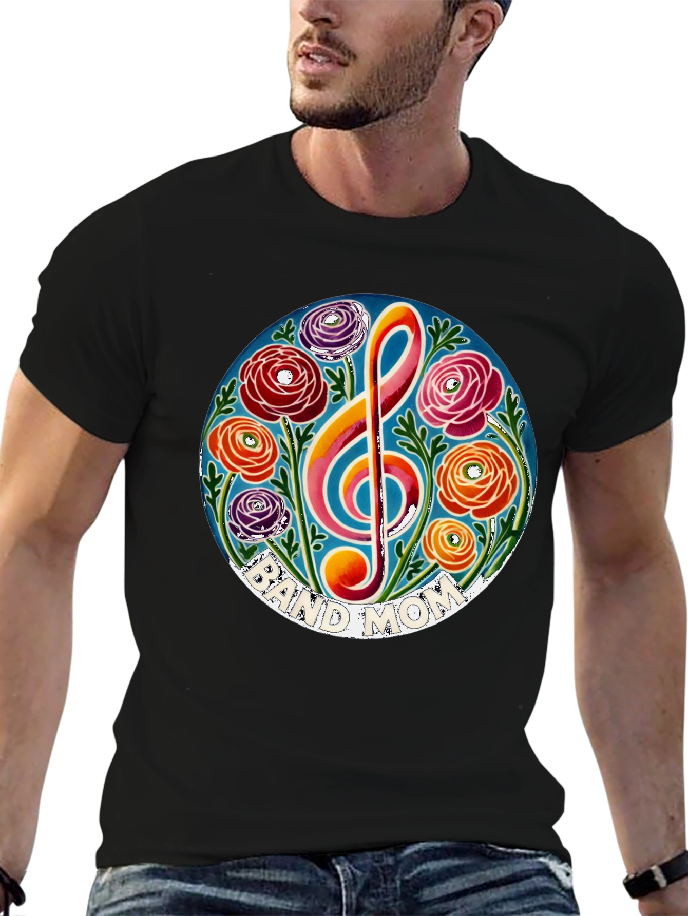 Black Band Mom Floral Treble Clef T-Shirt view 6