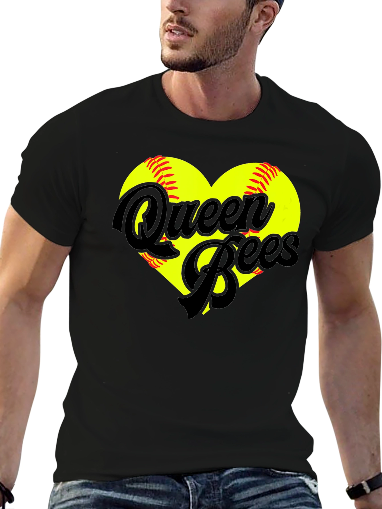 Black Queen Bees Softball Heart T-Shirt view 6