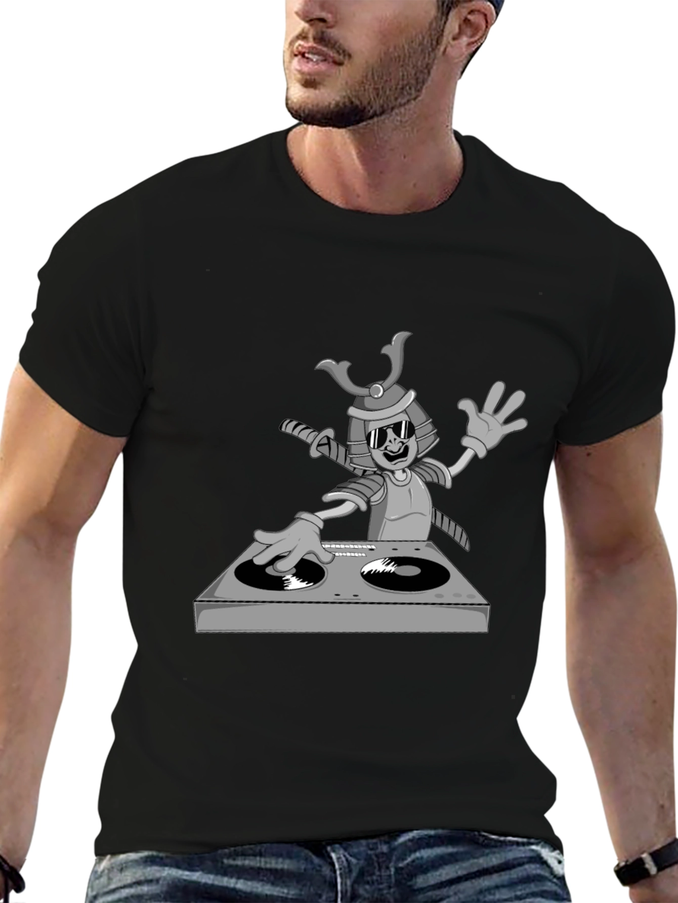 Black DJ Samurai T-Shirt - Cool Cartoon Graphic Tee view 6