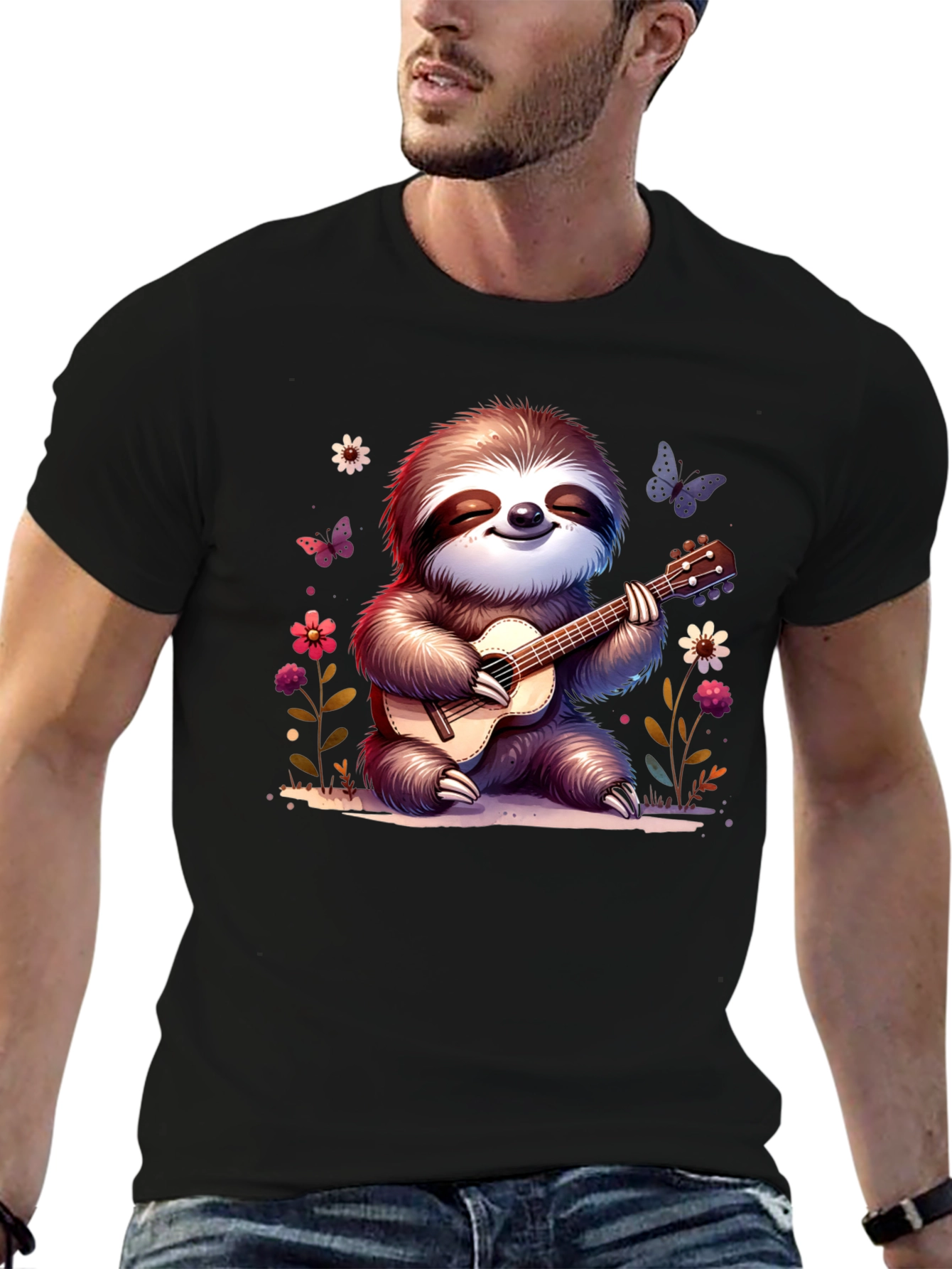 Black Cute Sloth Guitarist Graphic T-Shirt view 6