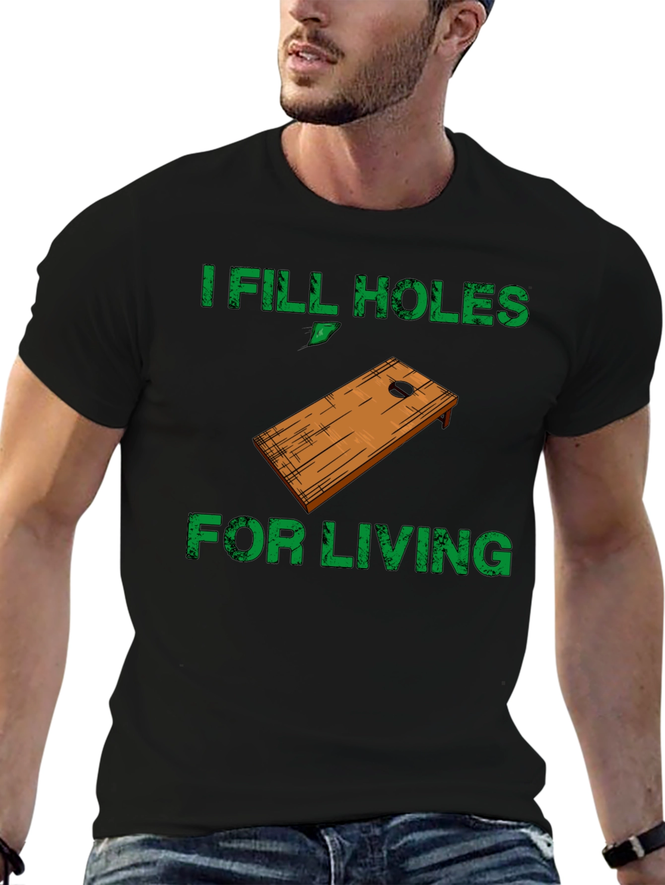 Black I Fill Holes For Living T-Shirt - Cornhole Player view 6