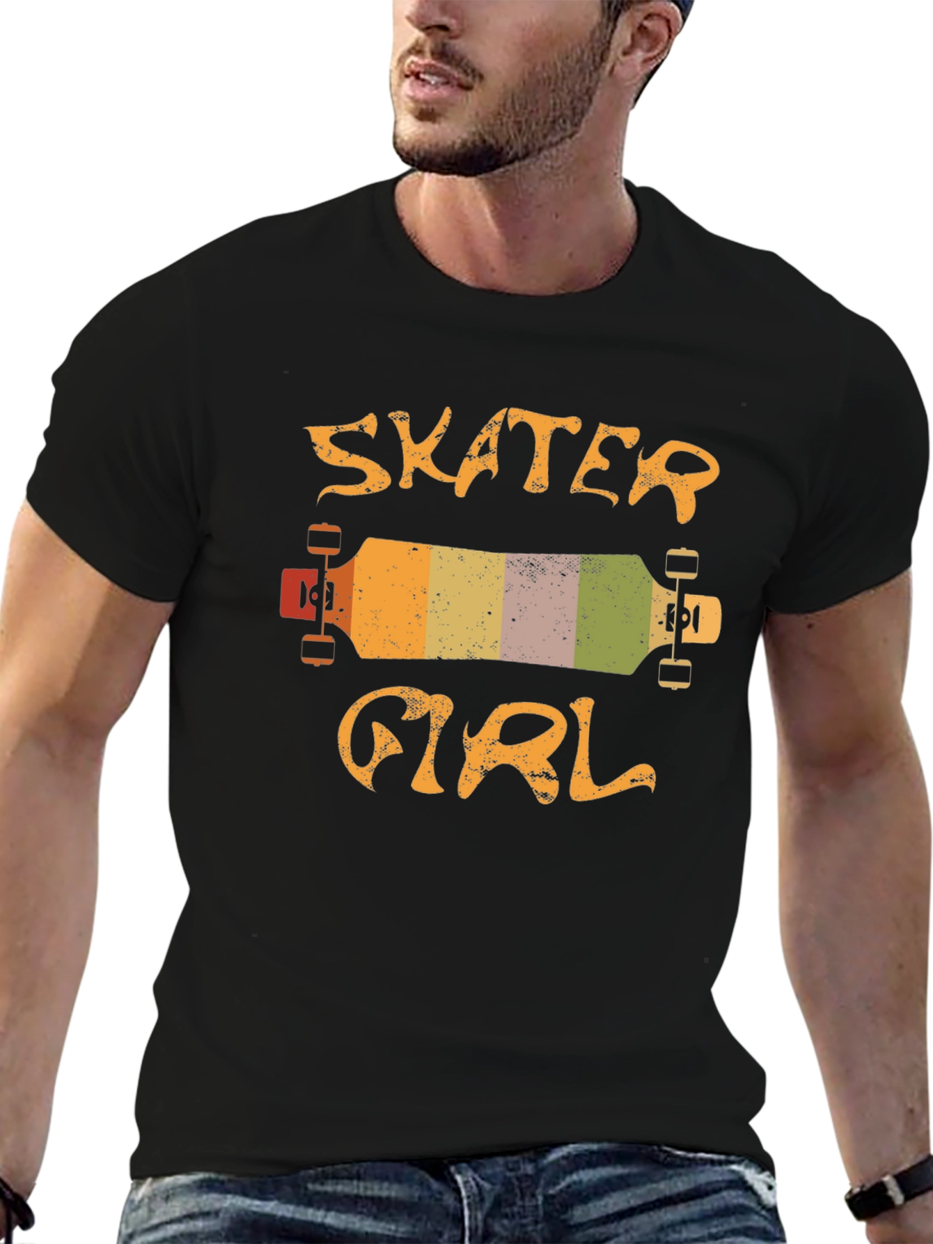 Black Skater Girl T-Shirt - Retro Skateboard Design view 6